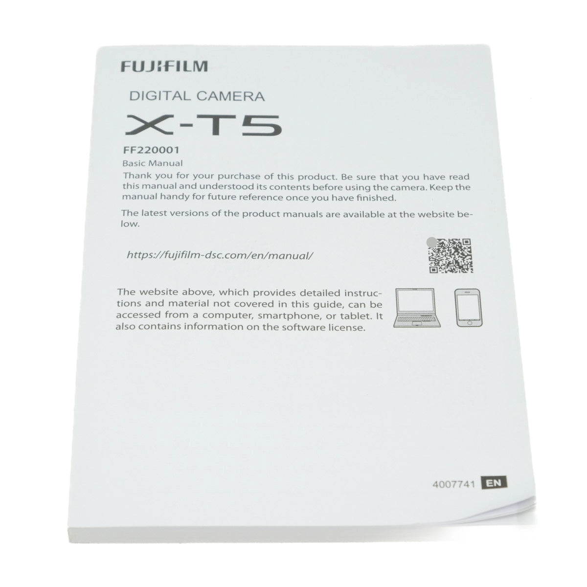 Fujifilm X-T5 digital camera manual on a white background