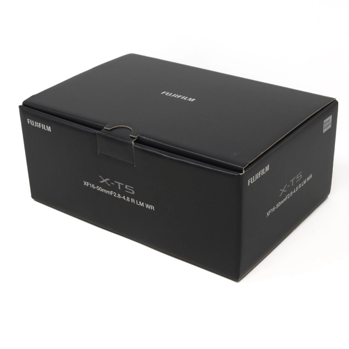 Black Fujifilm camera box on a white background