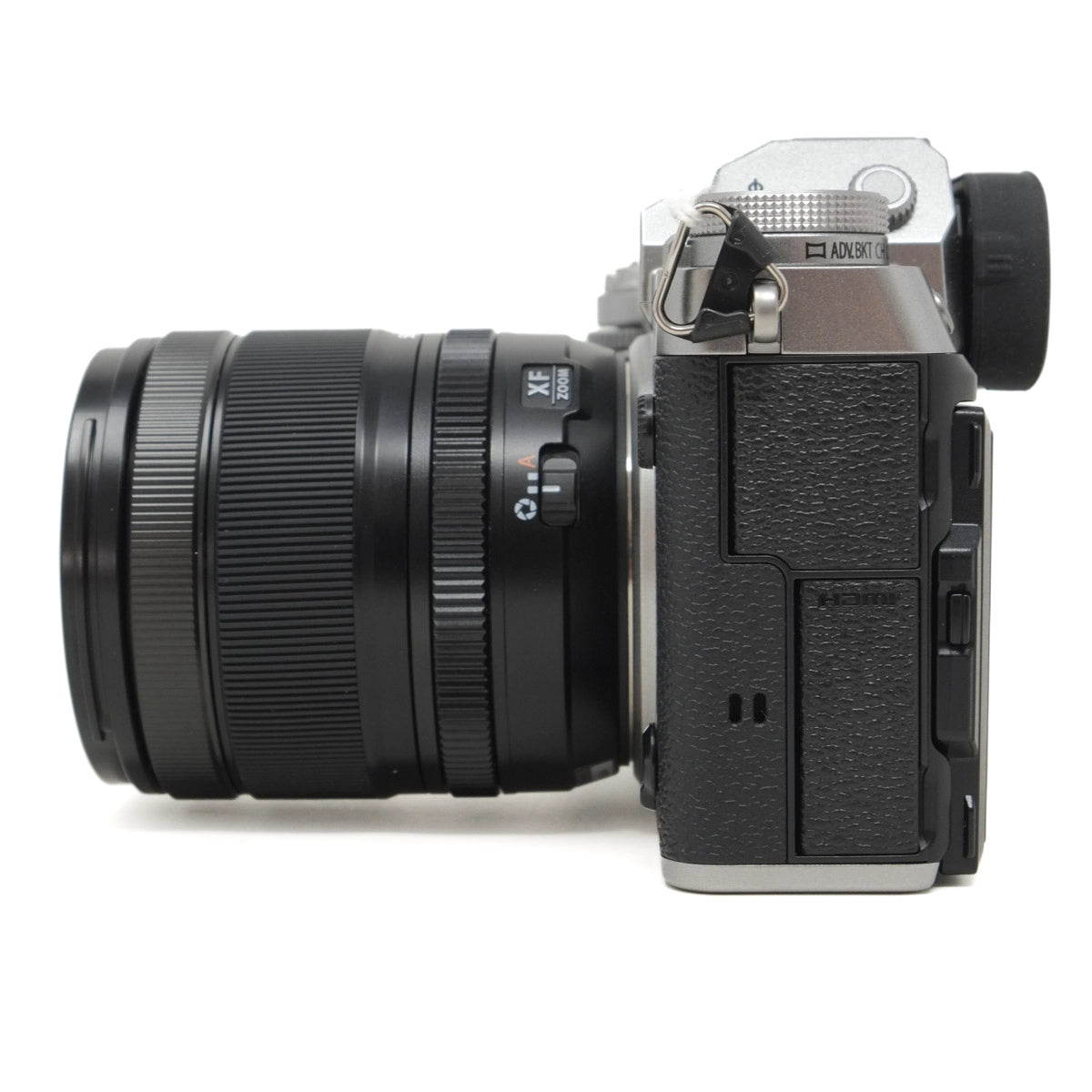 Camera body with lens on a white background