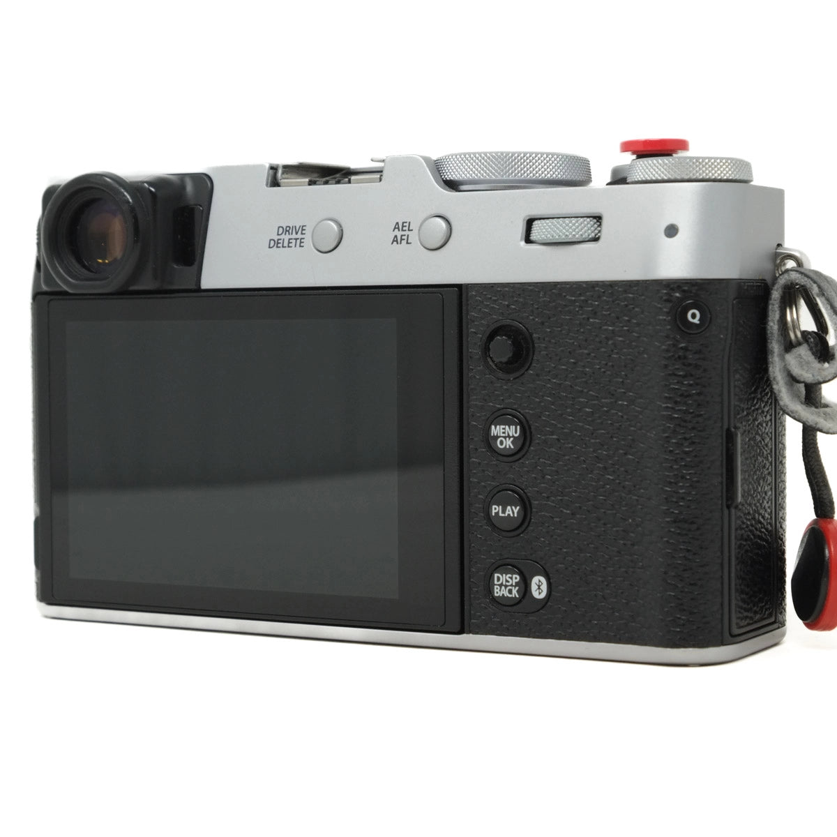 Digital camera with a screen and control buttons on a white background