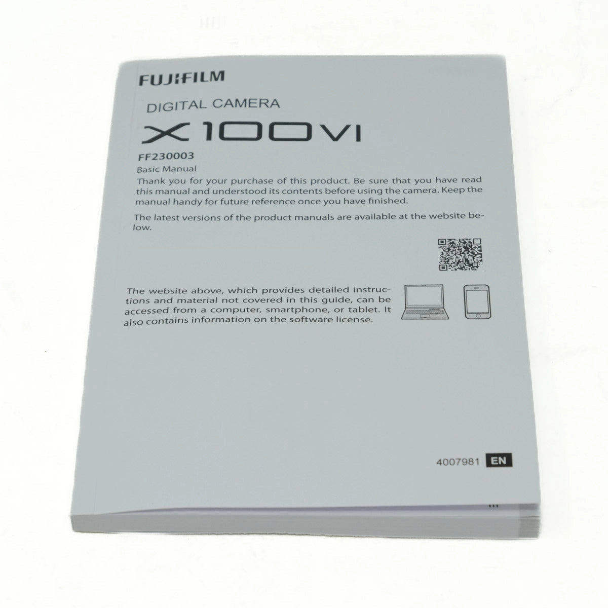 Fujifilm X100VI digital camera manual on a white background