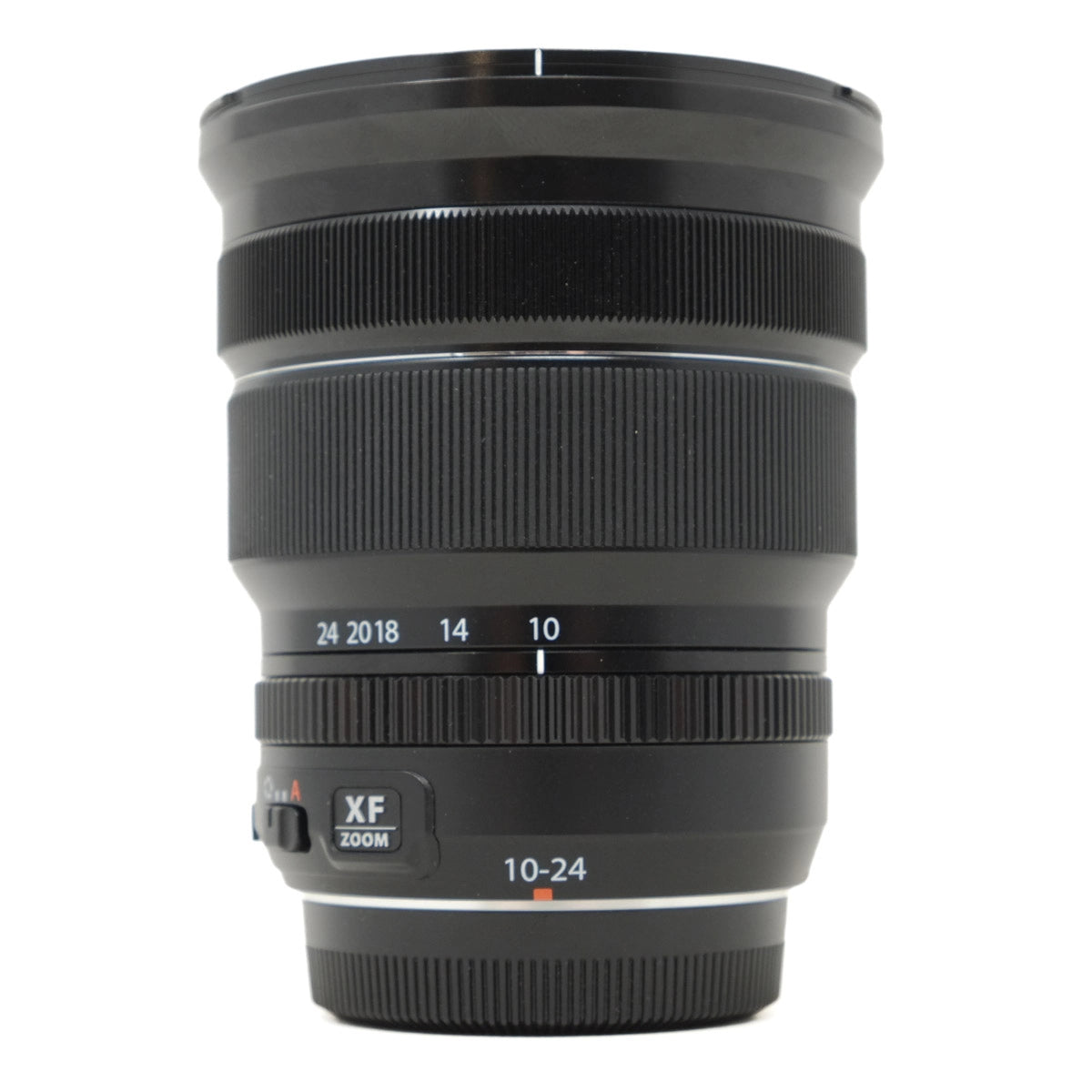 Camera lens with focus and zoom indicators on a white background