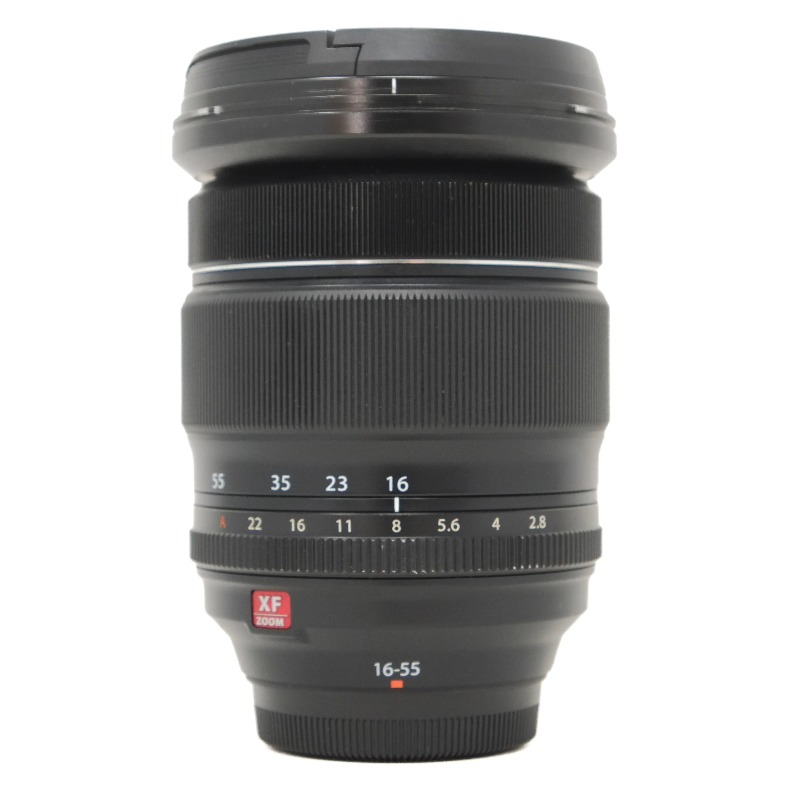 Camera lens with brand logo on a white background