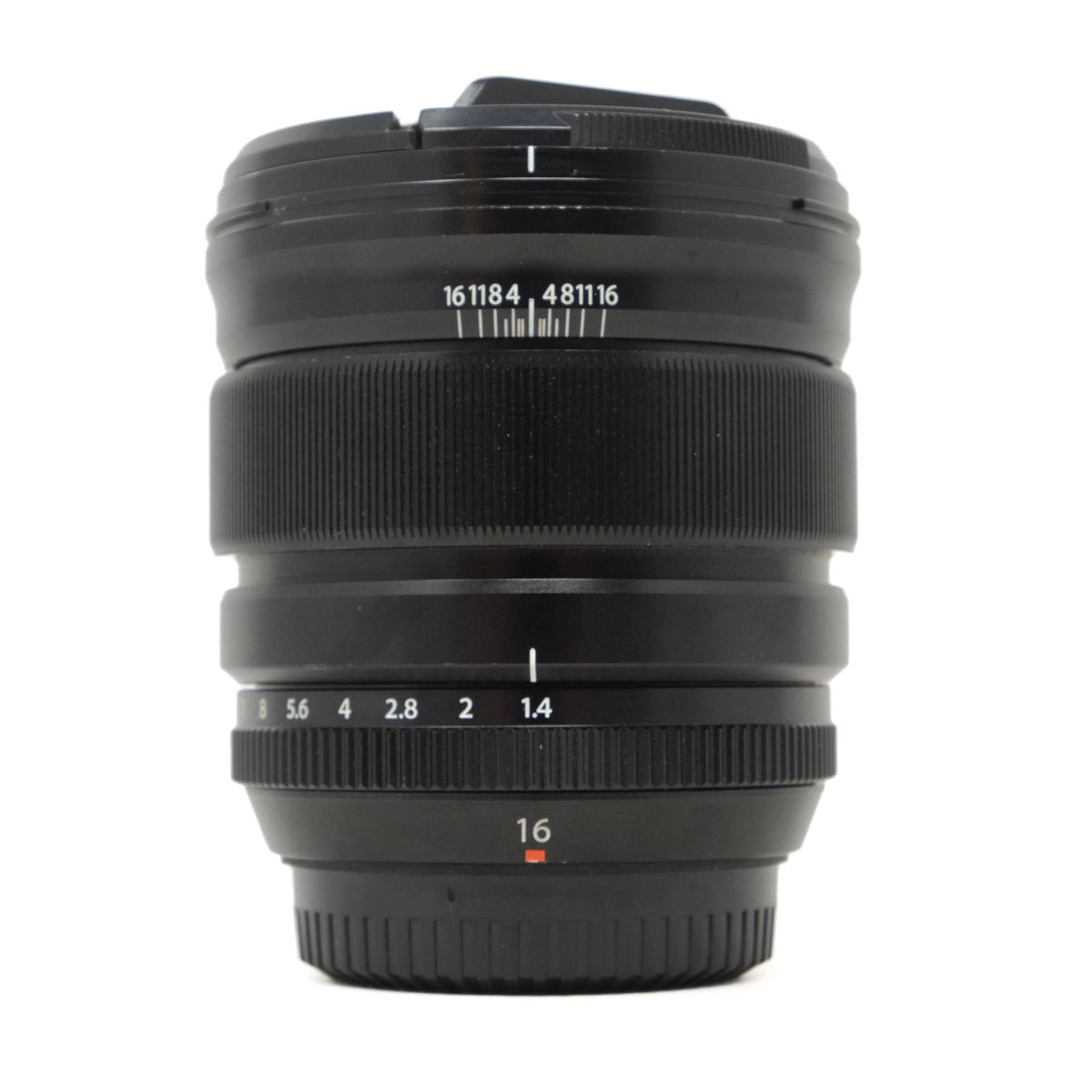 Camera lens with focus scale and numbers on a white background