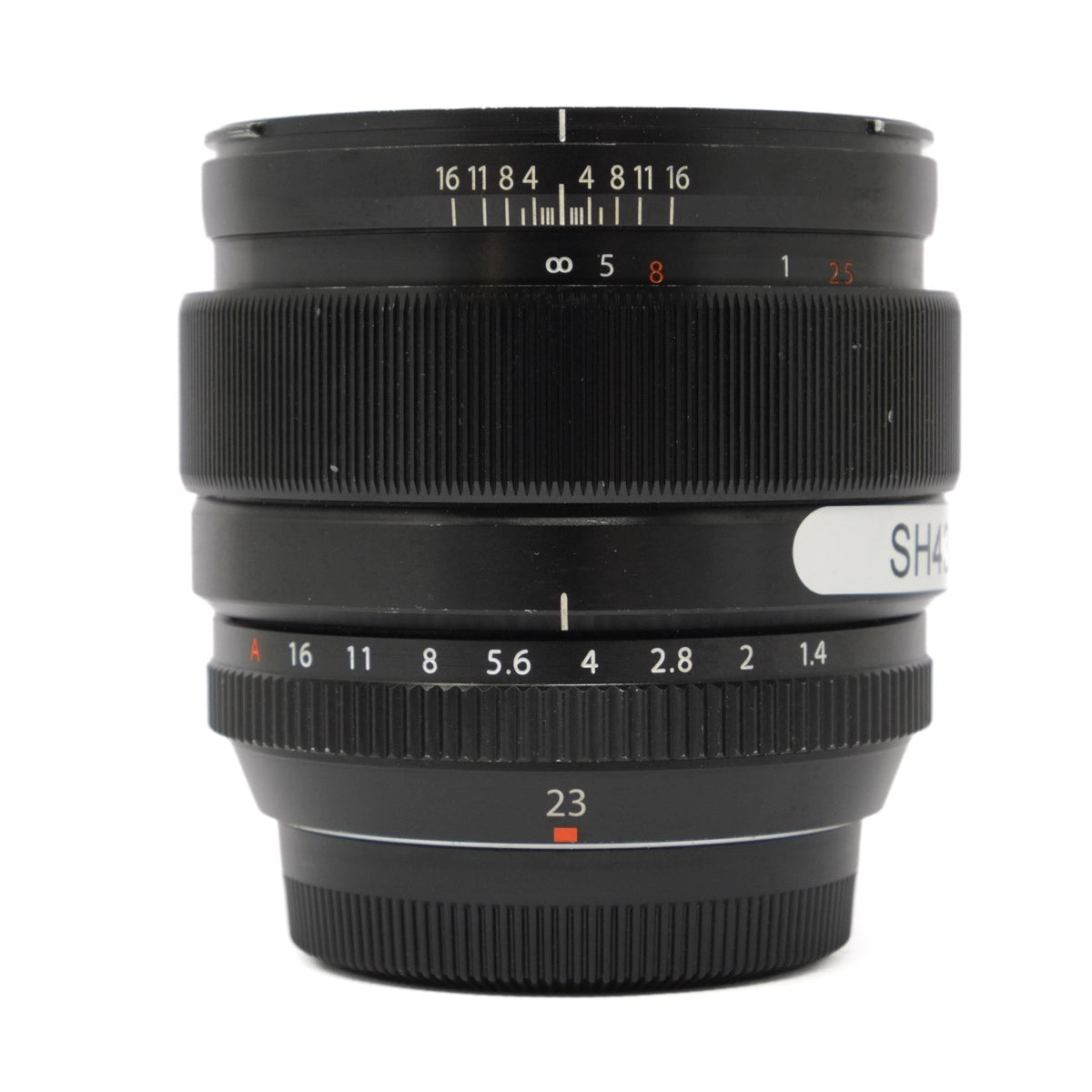 Camera lens with focus scale and brand name on a white background