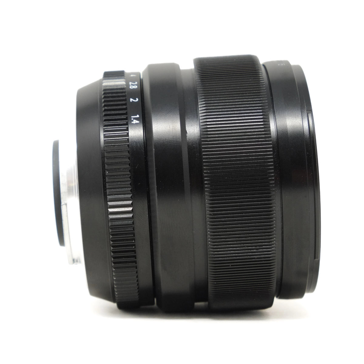 Black camera lens on a white background