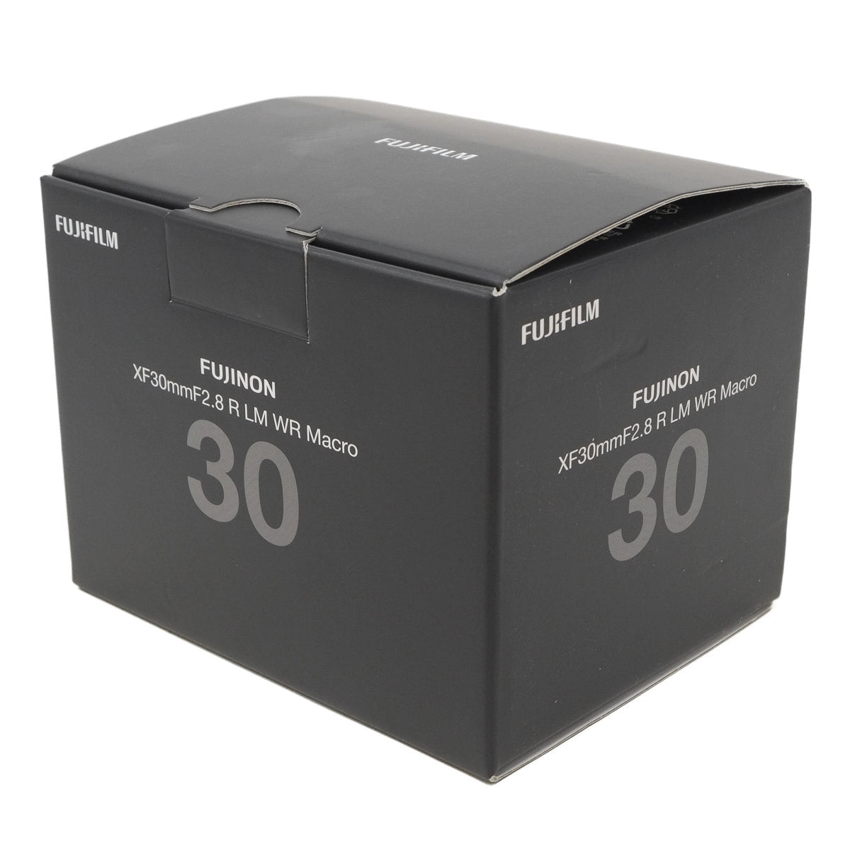Black box packaging for Fujifilm lens with '30' and product details.