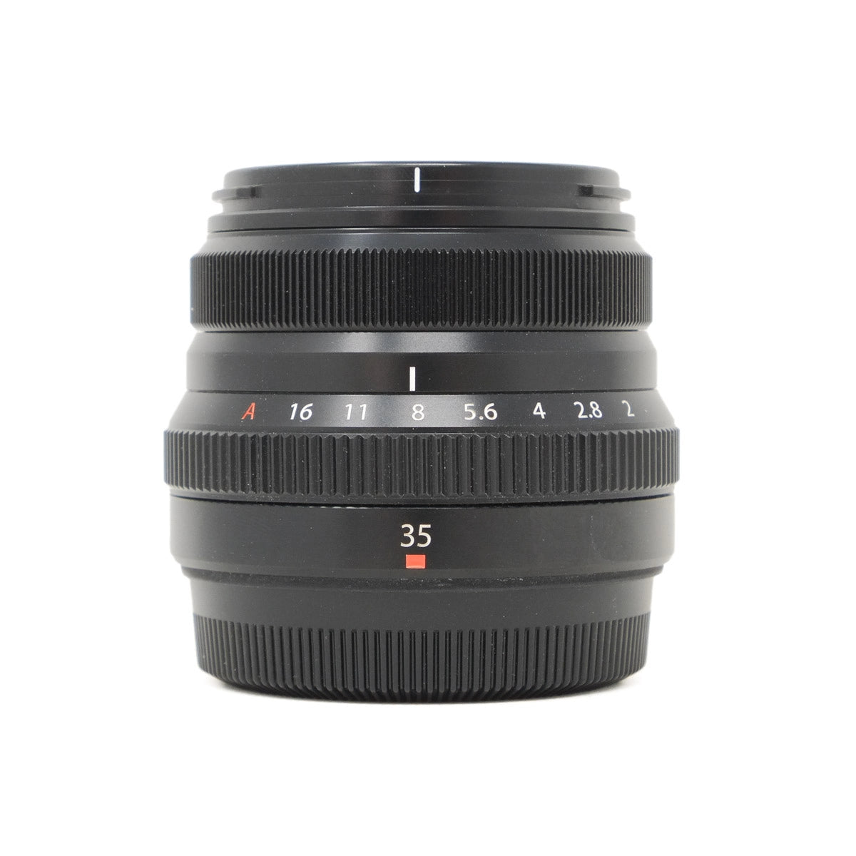 Black camera lens with focus and f-number markings on a white background