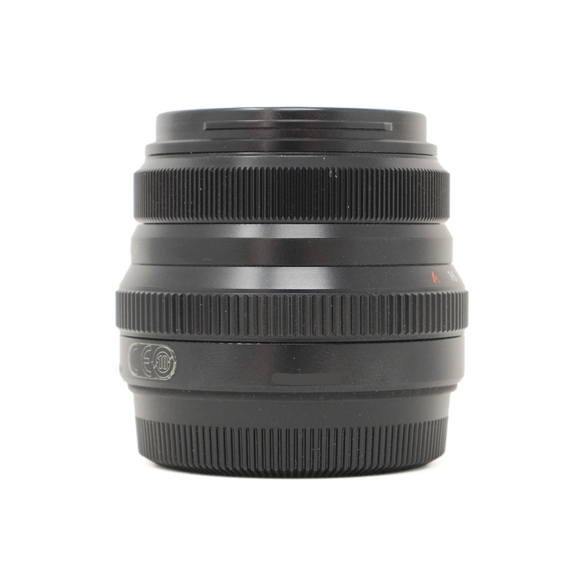 Black camera lens on a white background