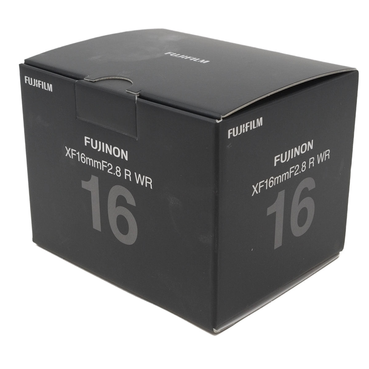 Black Fujifilm camera lens box with 'Fujinon' branding on a white background