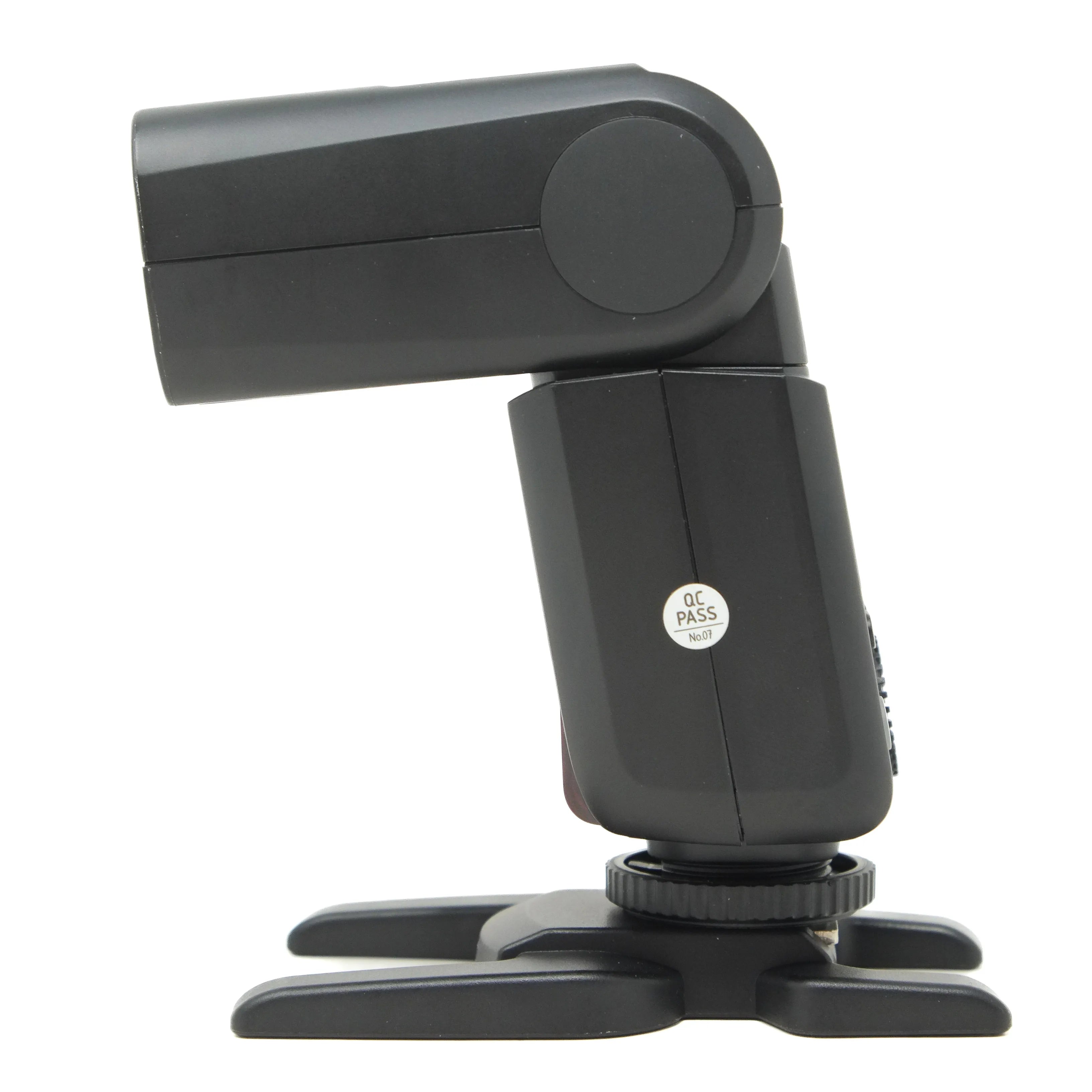Black camera flash with adjustable arm on a white background