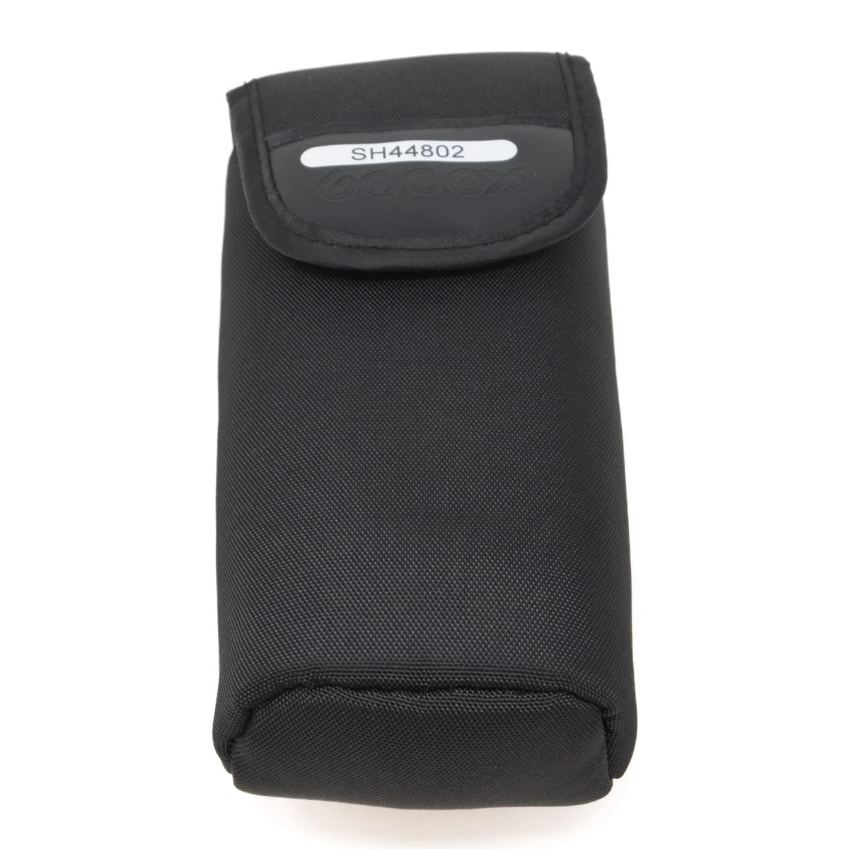 Black pouch with a label on a white background
