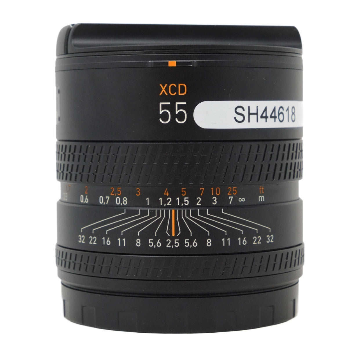 Camera lens with XCD 55mm marking on a white background
