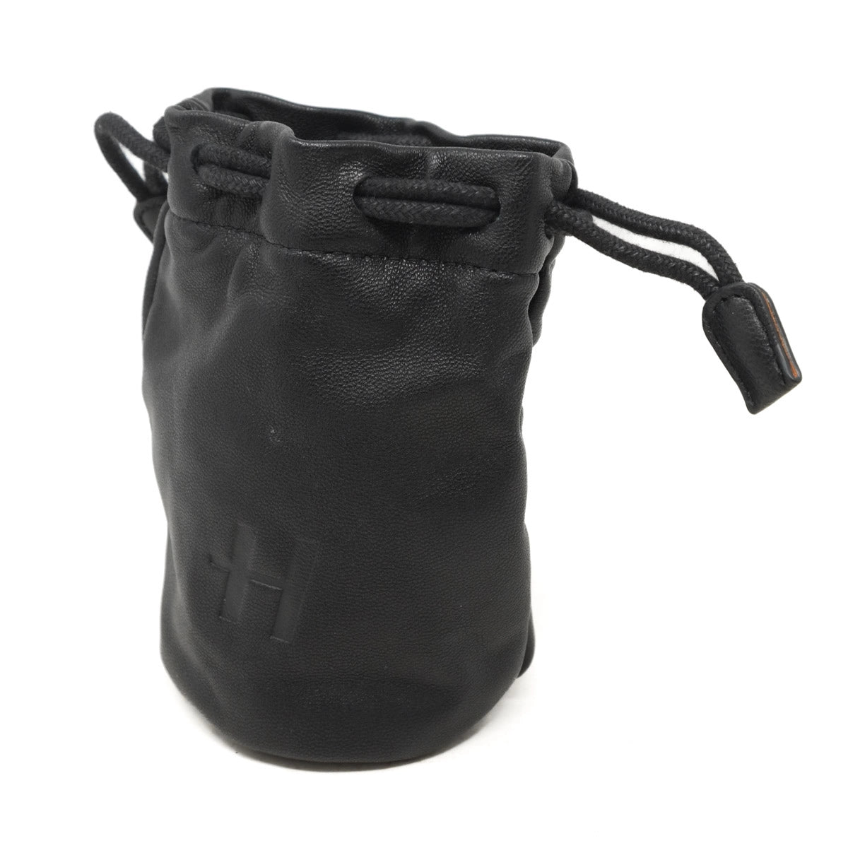 Black drawstring pouch with a logo on a white background