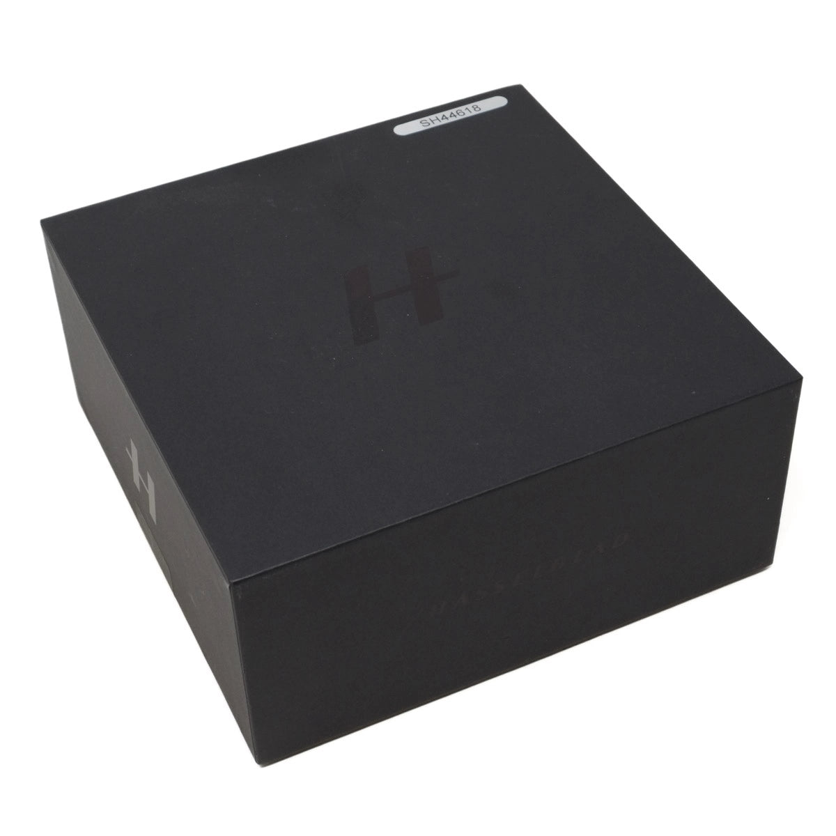 Black box with a brand logo on a white background