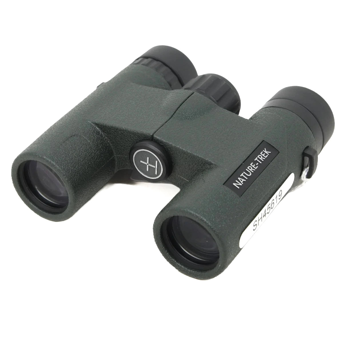 A pair of Nature-Trek binoculars in dark green with black accents, including the eyecups, focusing rings, and strap adjuster, shown on a plain white background.