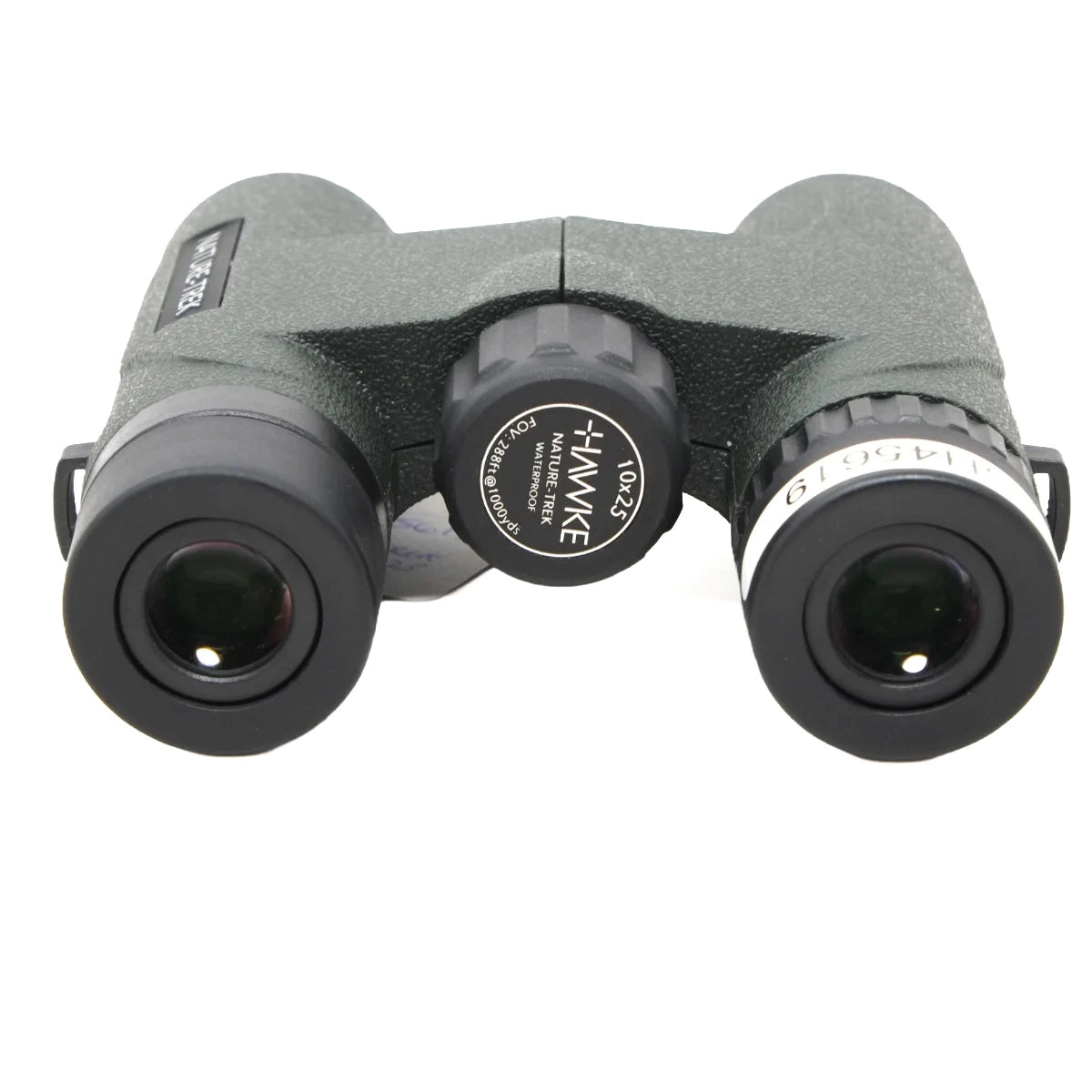 A pair of Hawke binoculars in textured dark green with black eyecups and a black central focus knob, shown against a plain white background.