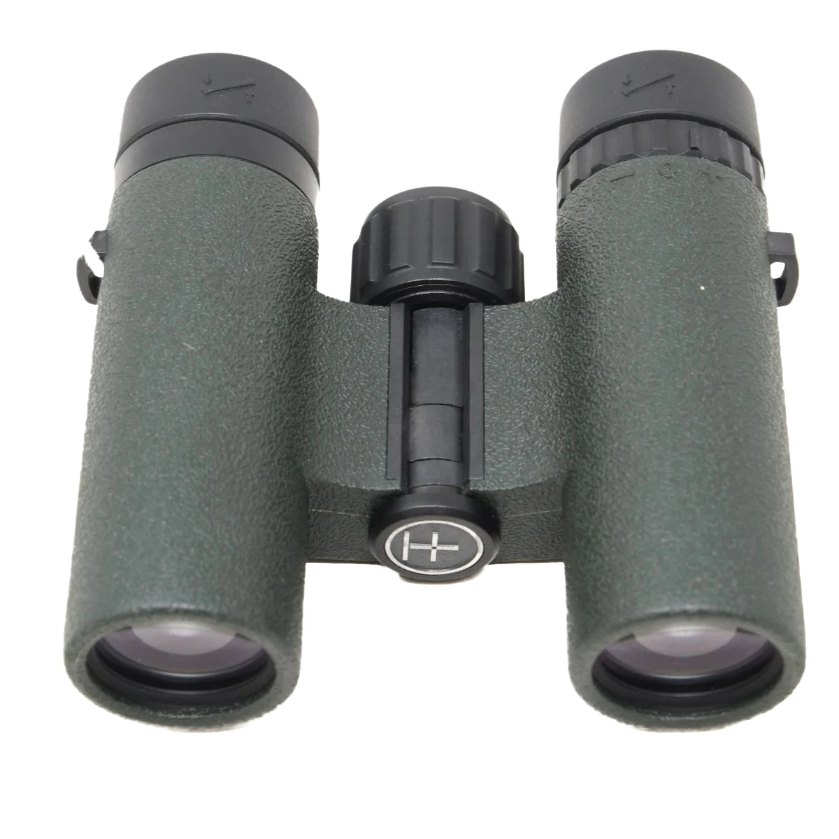 A pair of green textured binoculars with black focusing and adjustment knobs, shown against a plain white background.