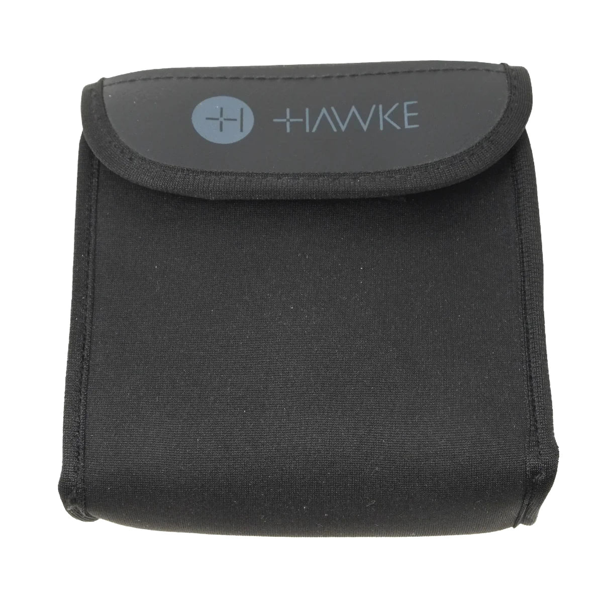 A black neoprene pouch with a gray flap featuring the Hawke logo, shown against a plain white background.