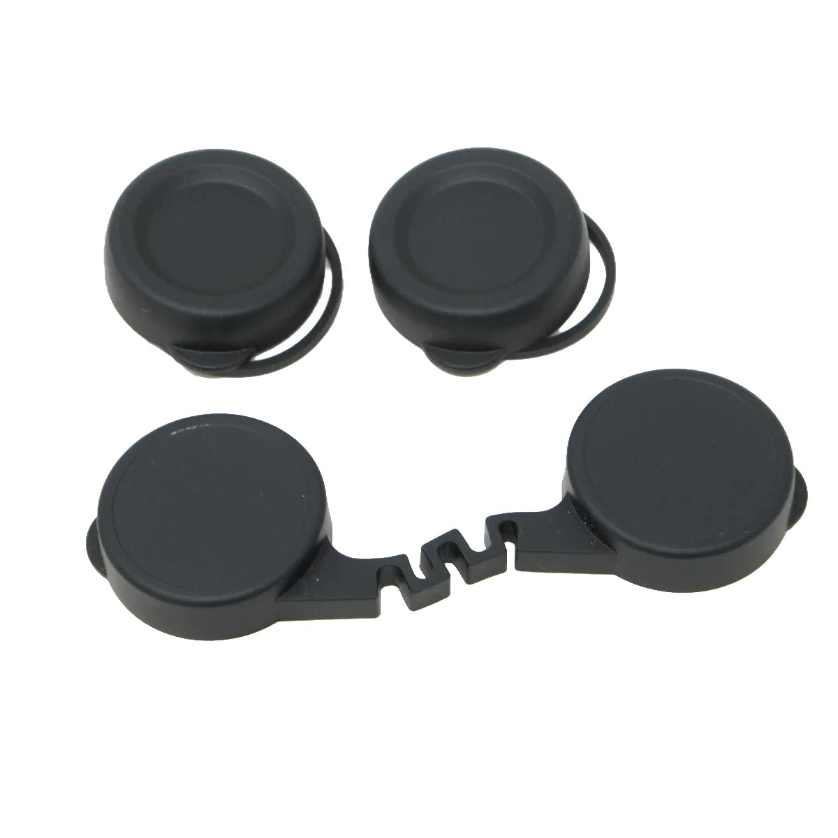 Four black plastic replacement caps with small attached loops, shown on a plain white background.