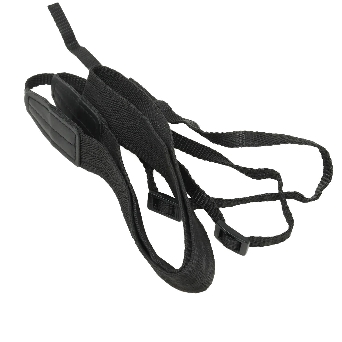 Black nylon camera strap with an adjustable buckle closure and padded shoulder support, shown on a plain white background.