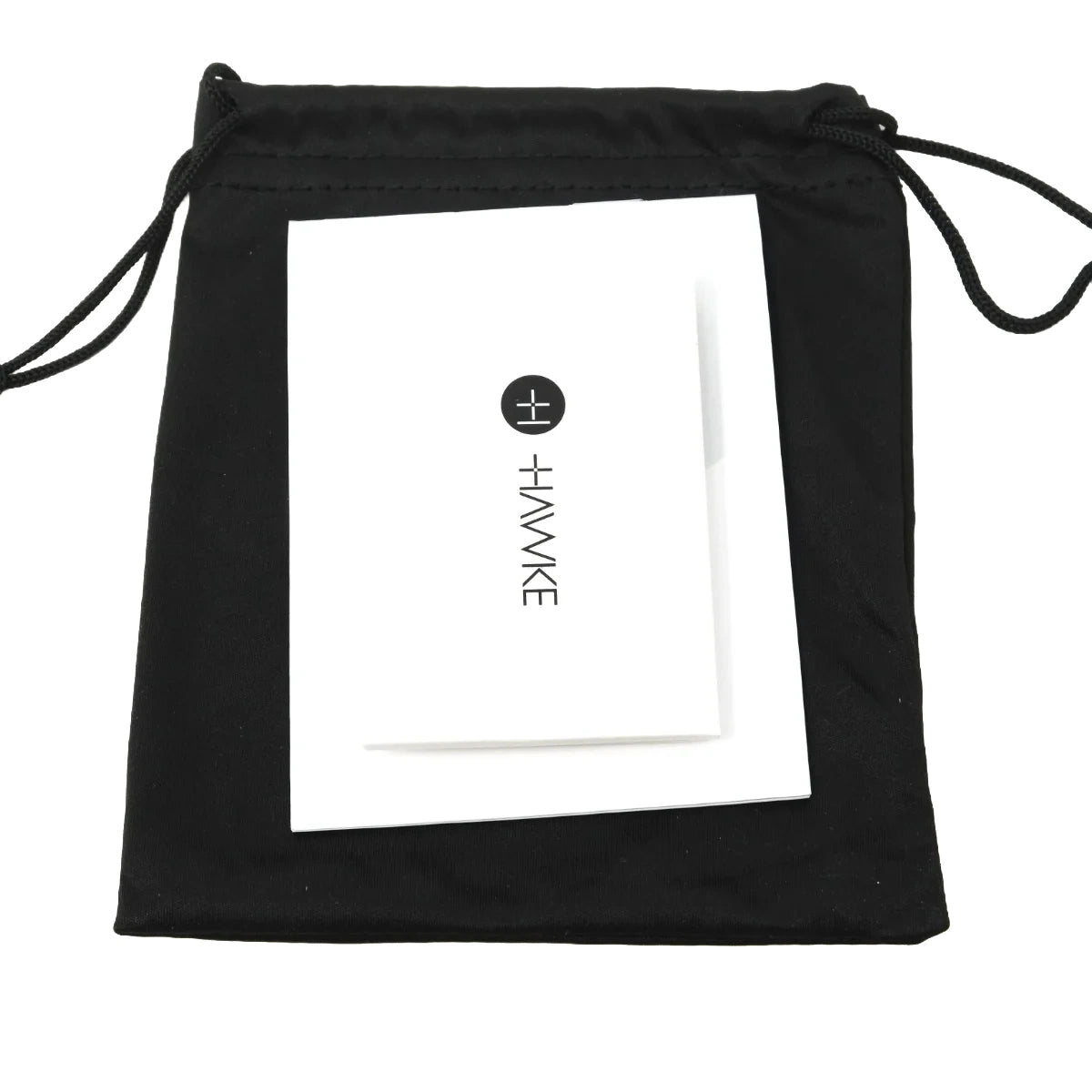 A black drawstring pouch with a white insert card featuring the HAWKE logo, shown on a plain white background.