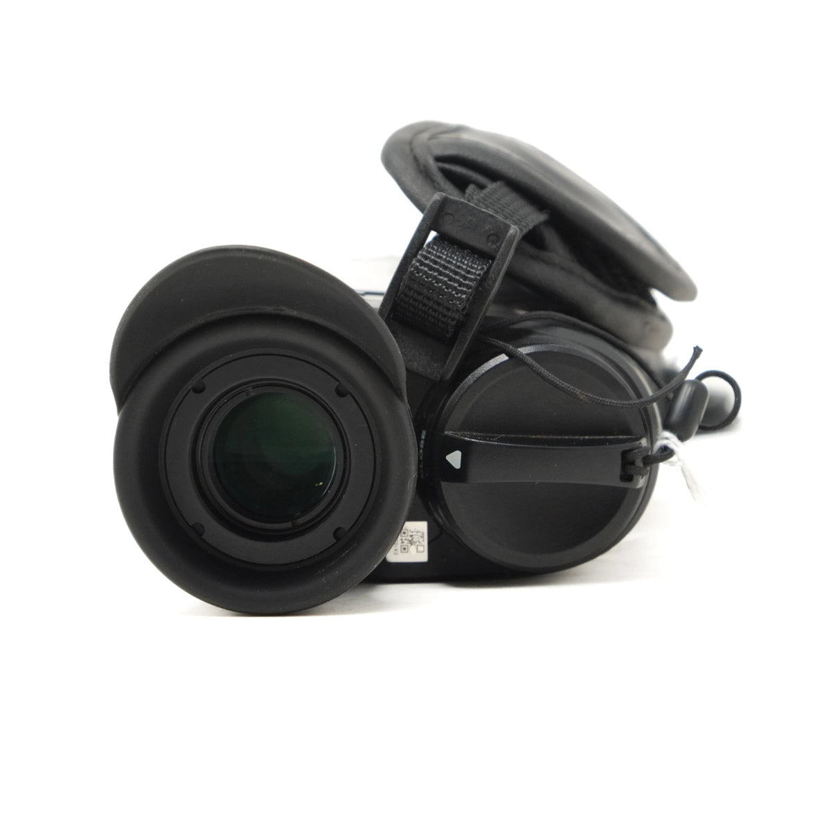 Black monocular with a strap on a white background