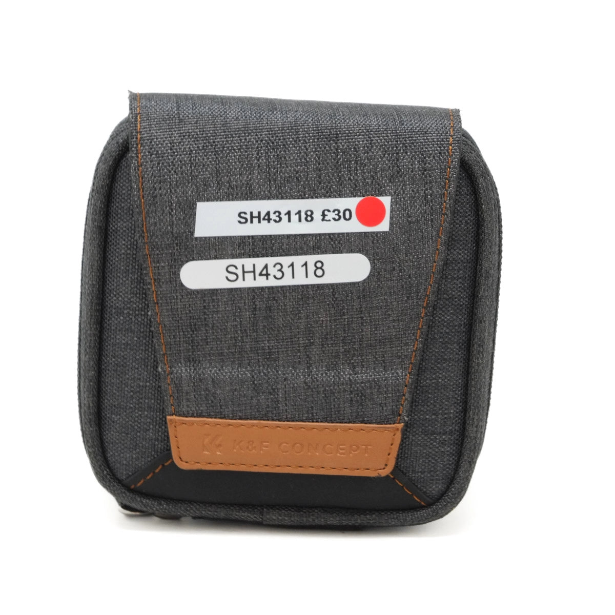 Gray pouch with labels and a brown patch on a white background