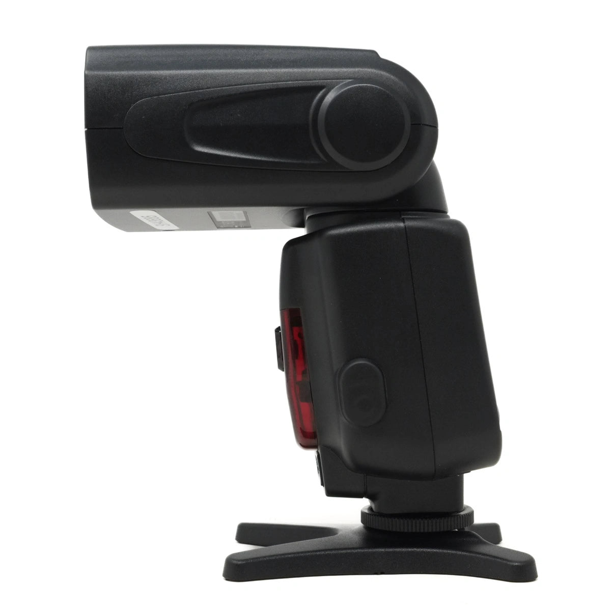 Black camera flash with adjustable arm on a white background