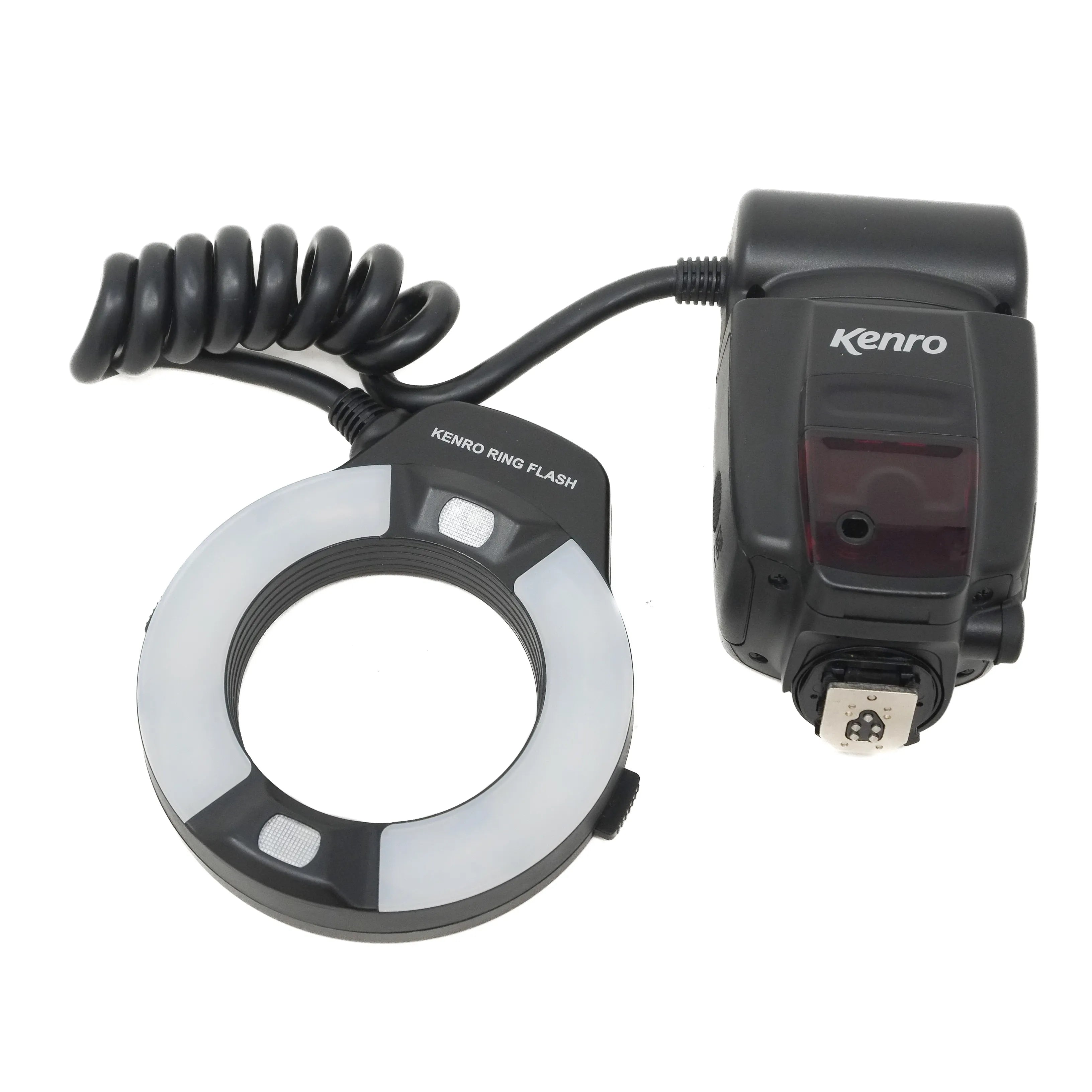 Kenro ring flash with coiled cable on a white background