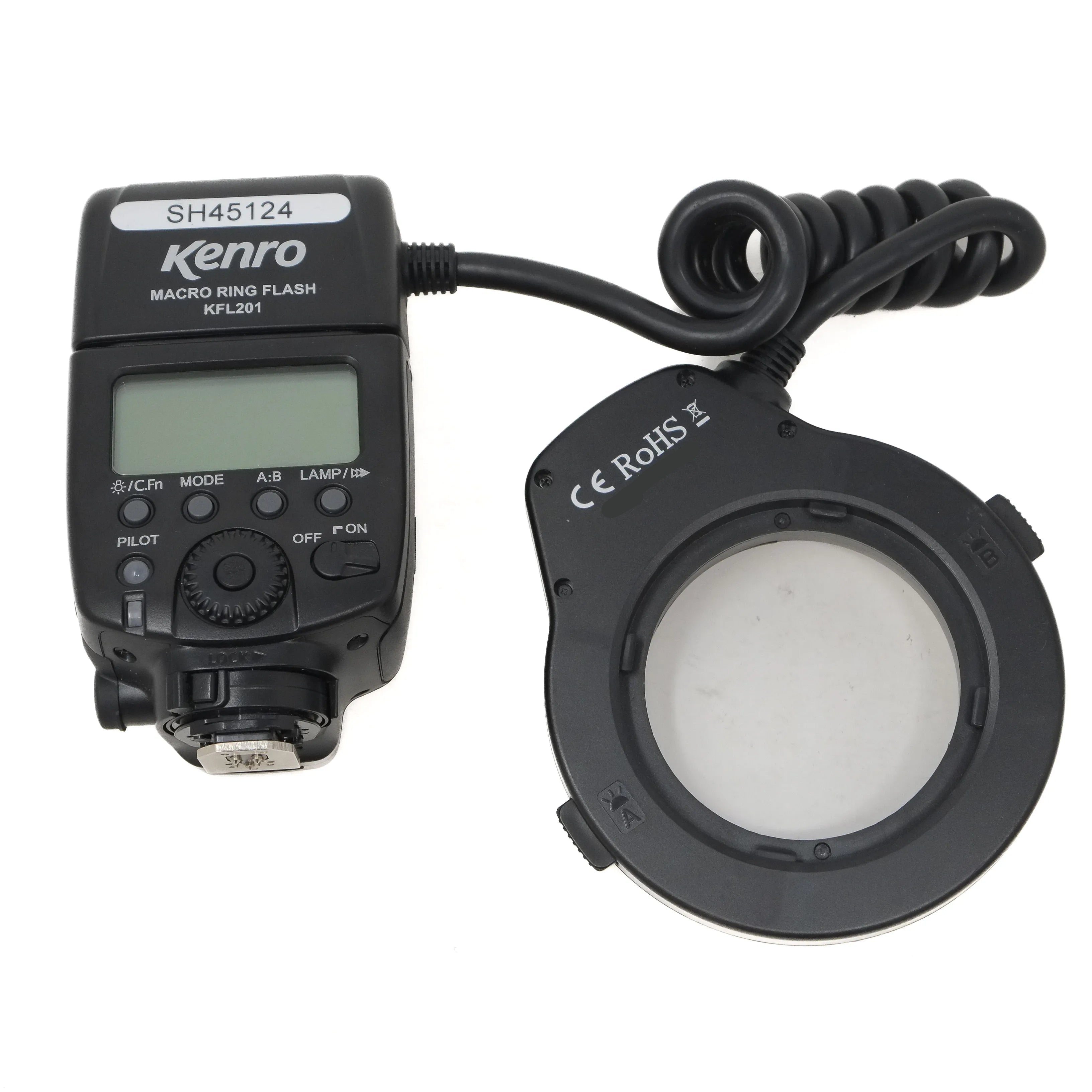 Kenro macro ring flash with control unit on a white background