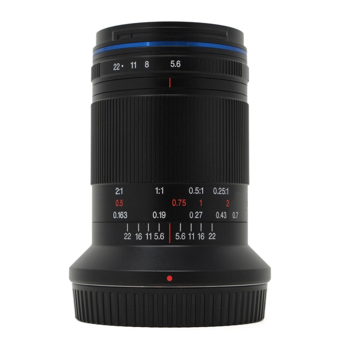 Camera lens with focus and aperture information on a white background
