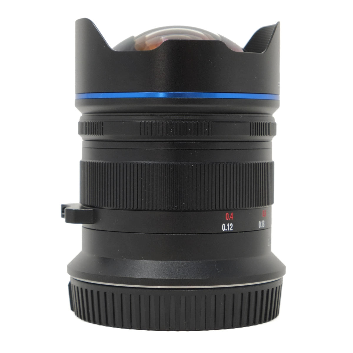 Camera lens with focus scale on a white background