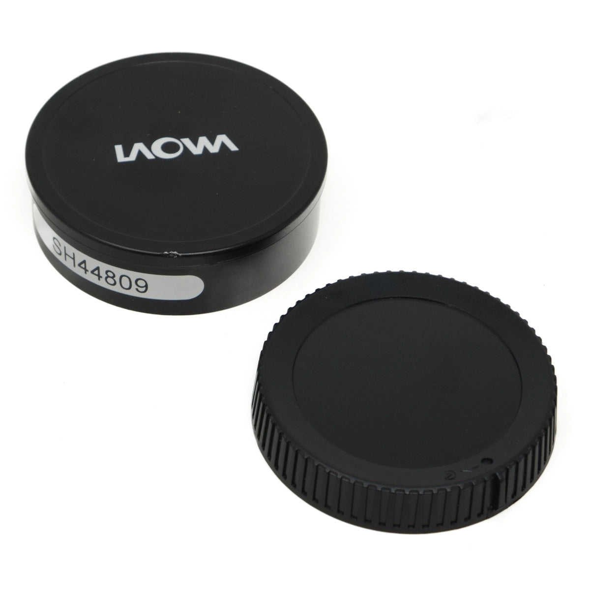 Two black camera lens caps with 'Laowa' branding on a white background
