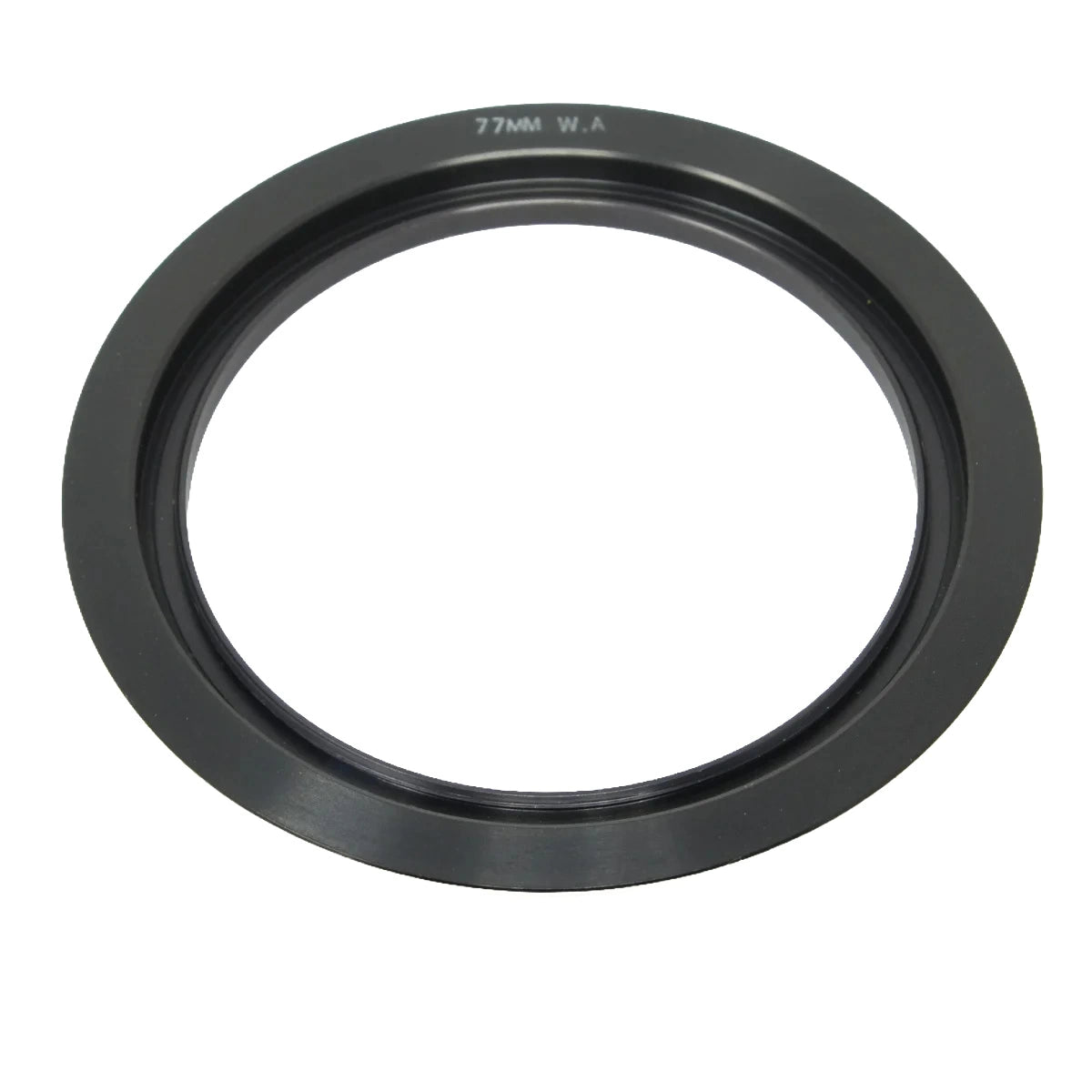 A black circular camera lens filter adapter ring with '77MM W.A' printed in white on the top edge, shown against a plain white background.