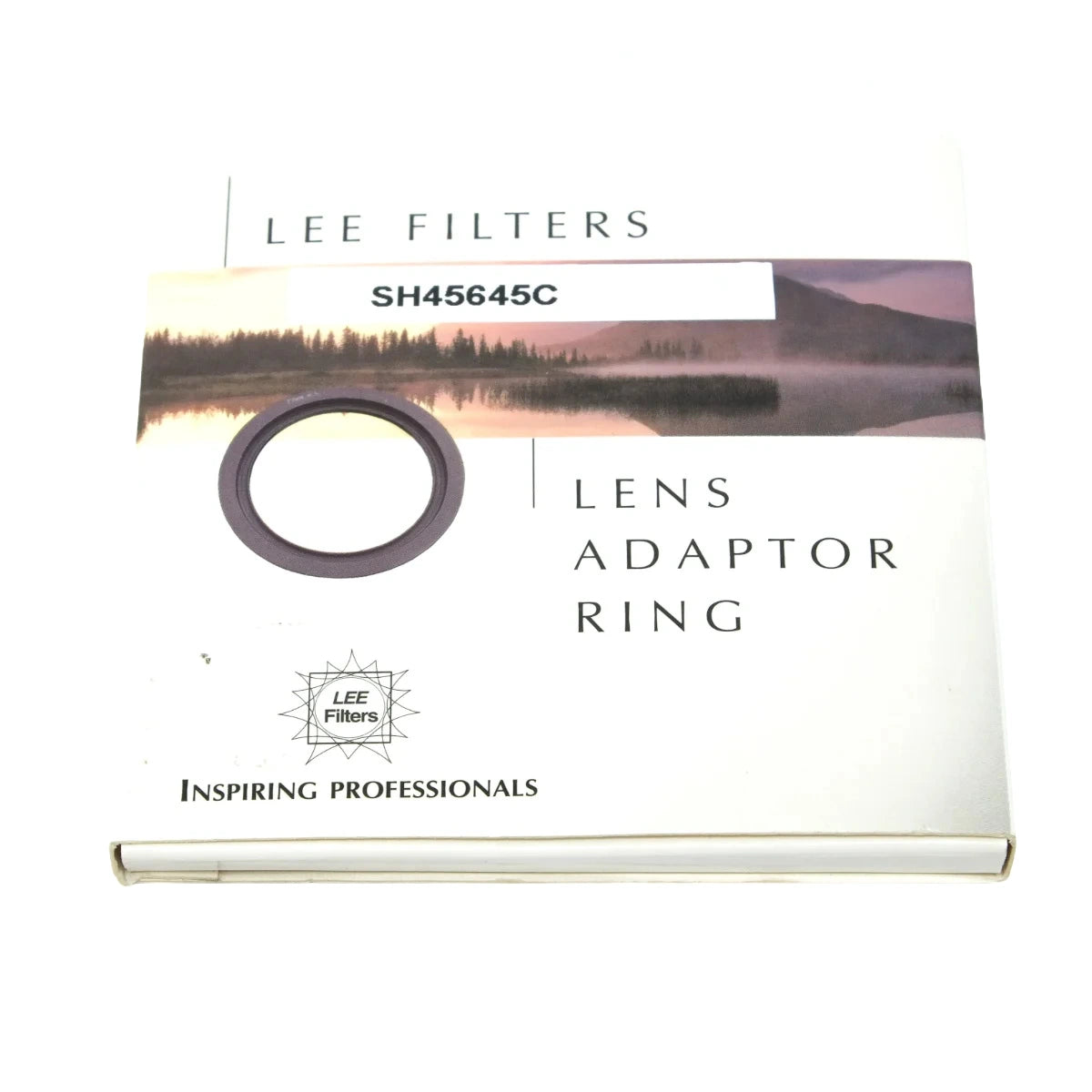Lee Filters Lens Adaptor Ring box, model SH45645C, featuring a scenic lake image and a graphic of the dark gray ring adapter.