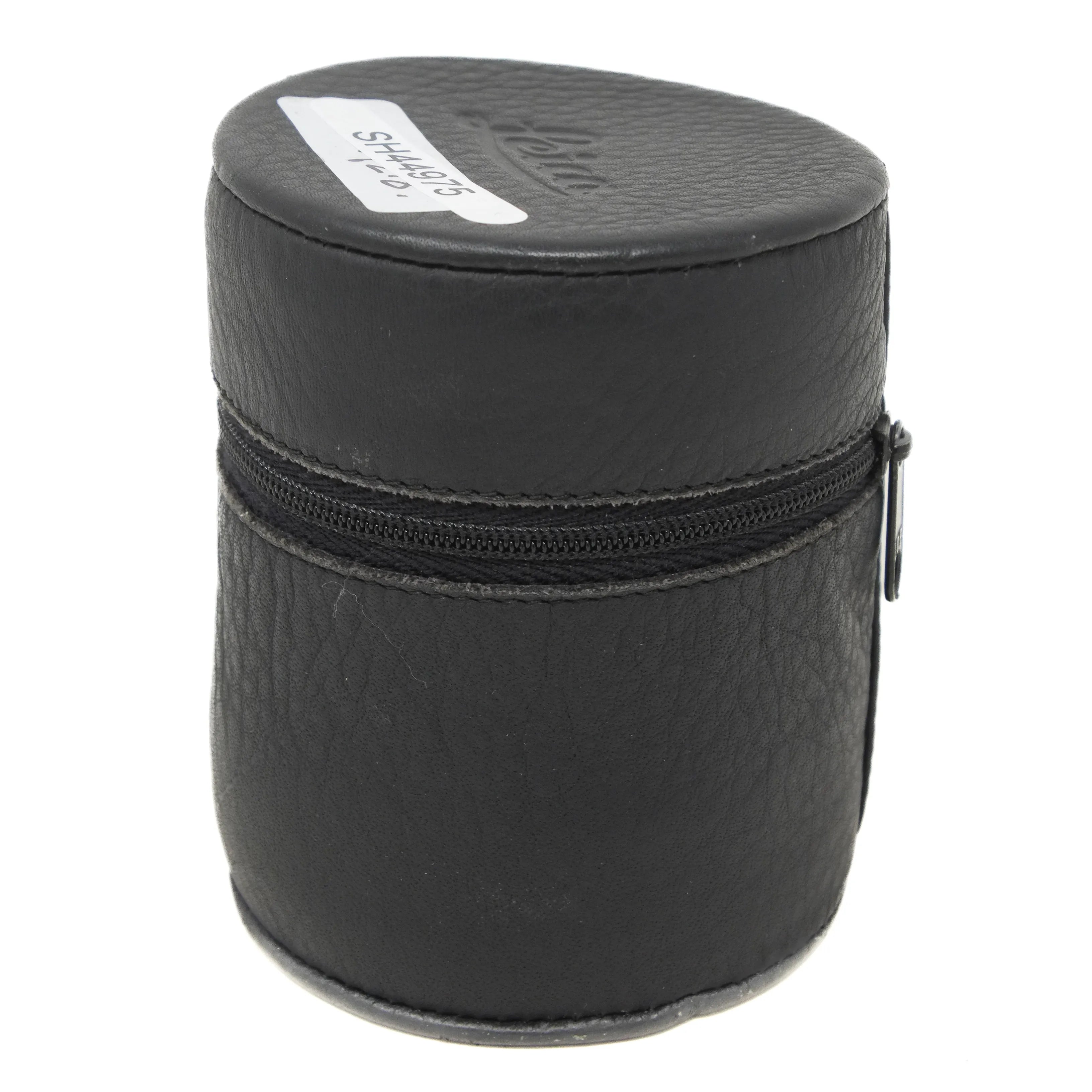 Black round travel case with zipper on a white background