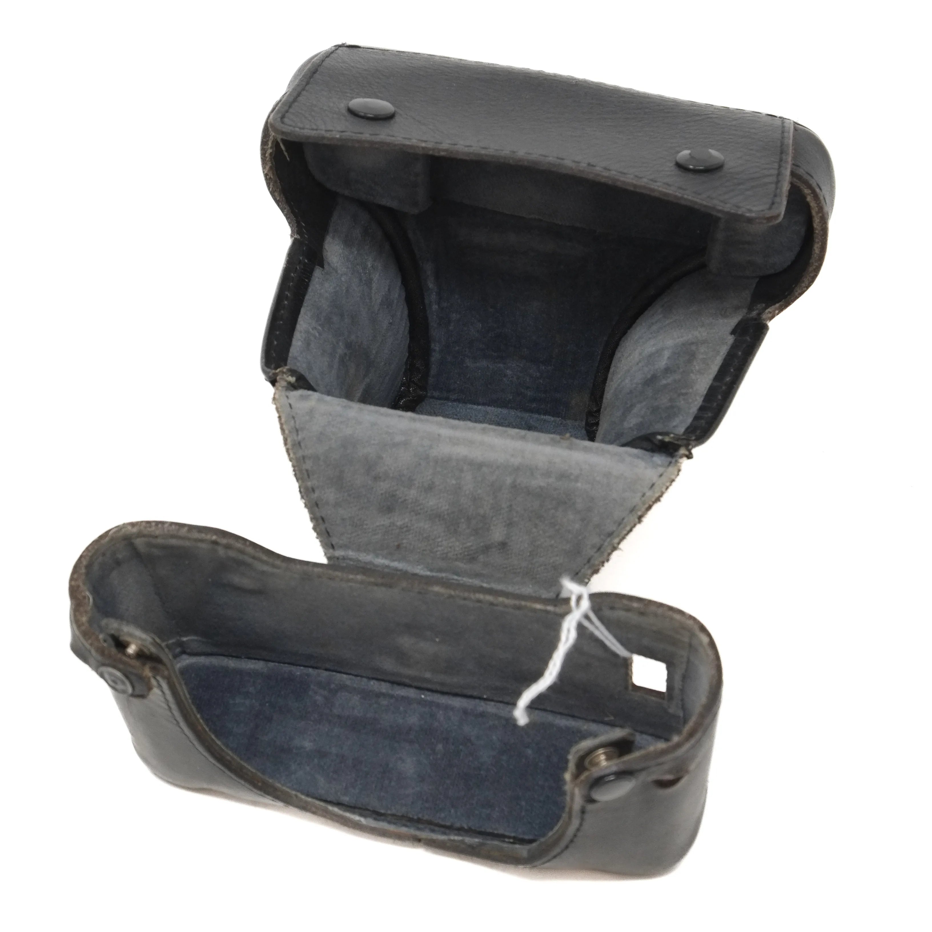 Black leather case with a gray interior on a white background