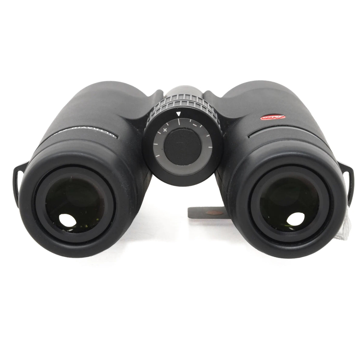 A pair of black Leica binoculars with a central focus wheel and eyecups, photographed on a clean white background.