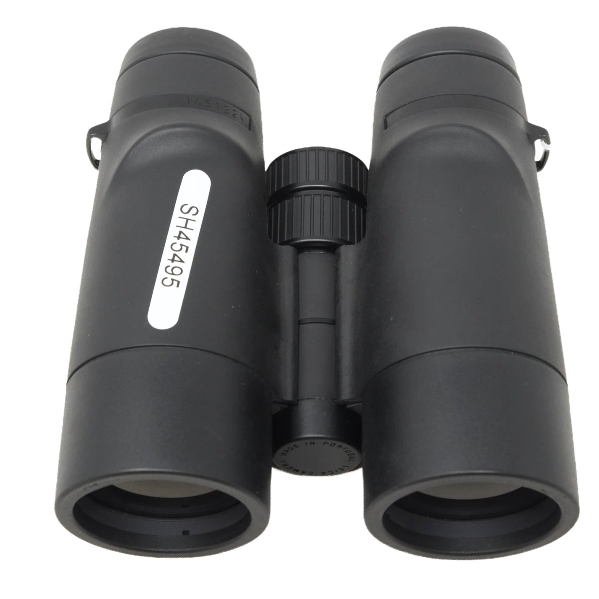 Black binoculars photographed on a plain white background.