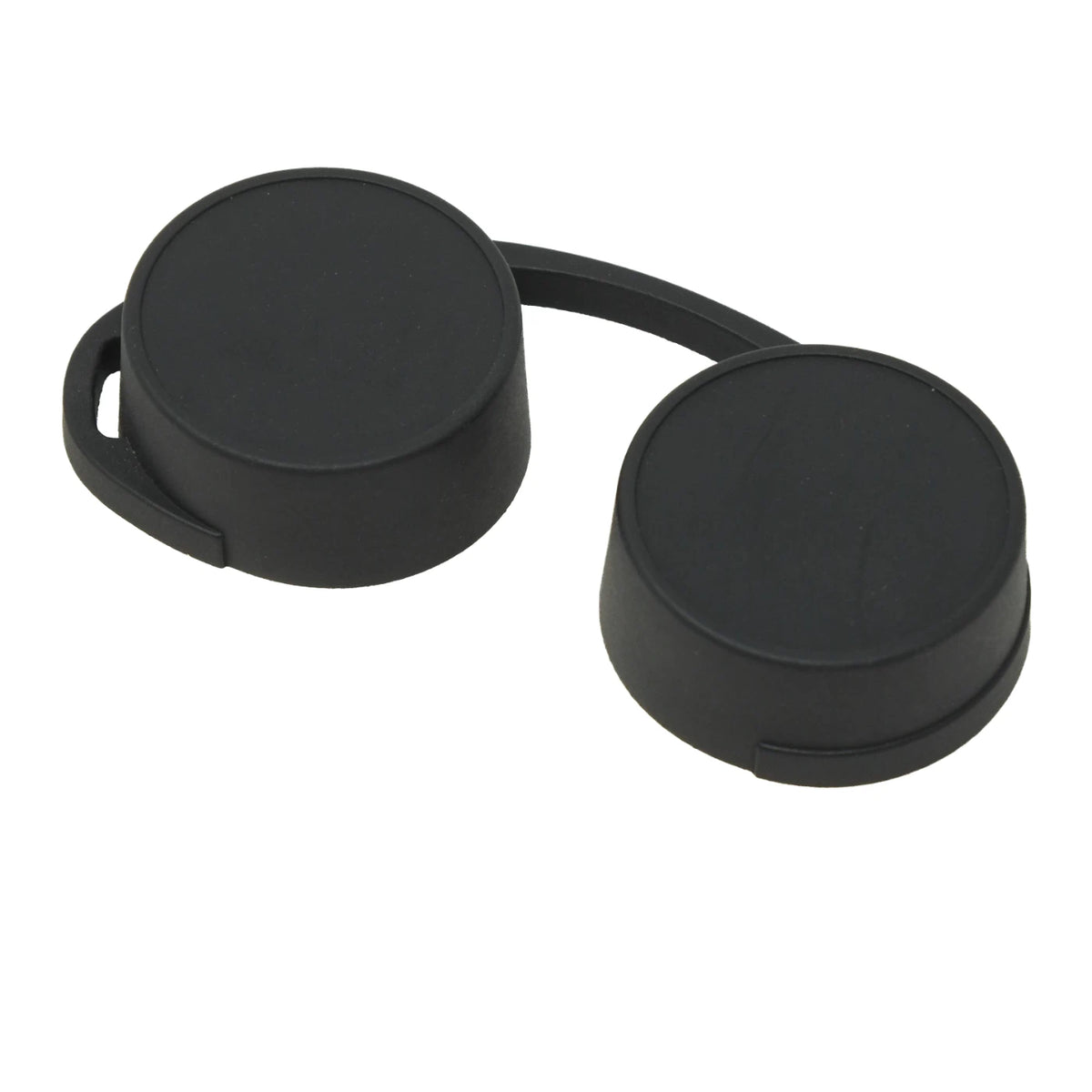 A pair of black rubber camera lens caps connected by a short black strap, shown on a plain white background.