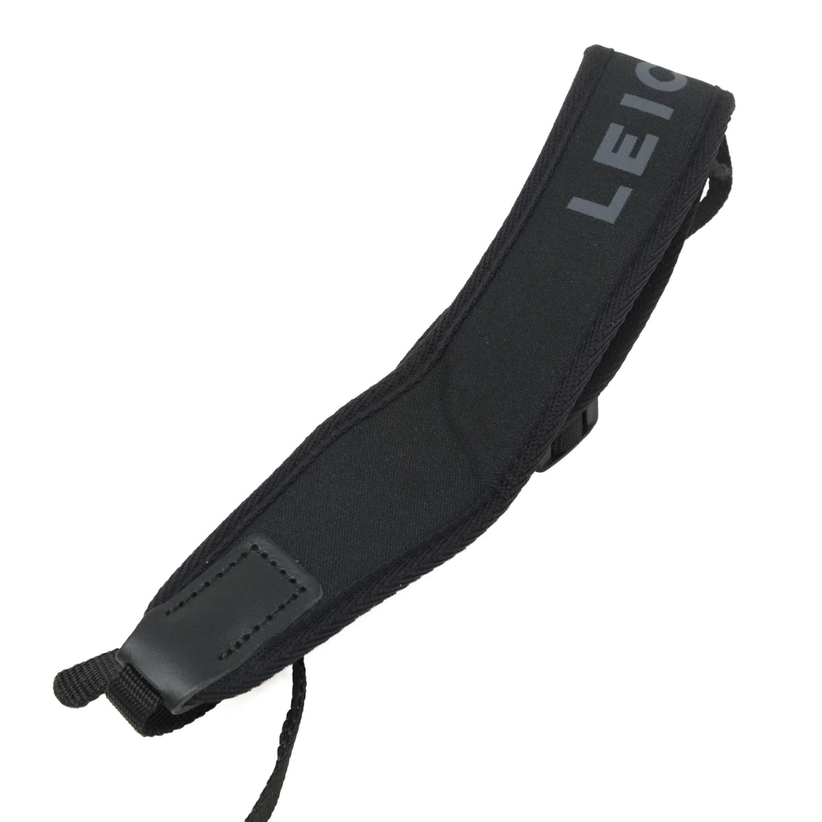 A black Leica camera strap with a padded neoprene section and a black leather buckle, featuring the Leica brand name printed in gray on the top edge.
