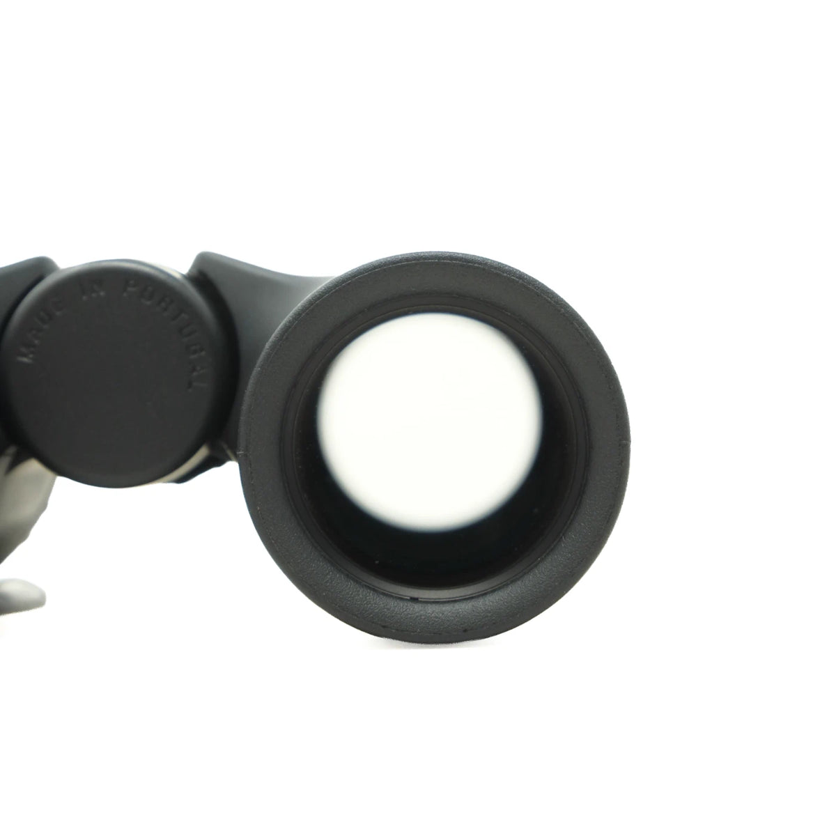 Close-up of a black binocular eyepiece with a circular lens opening, shown against a plain white background.