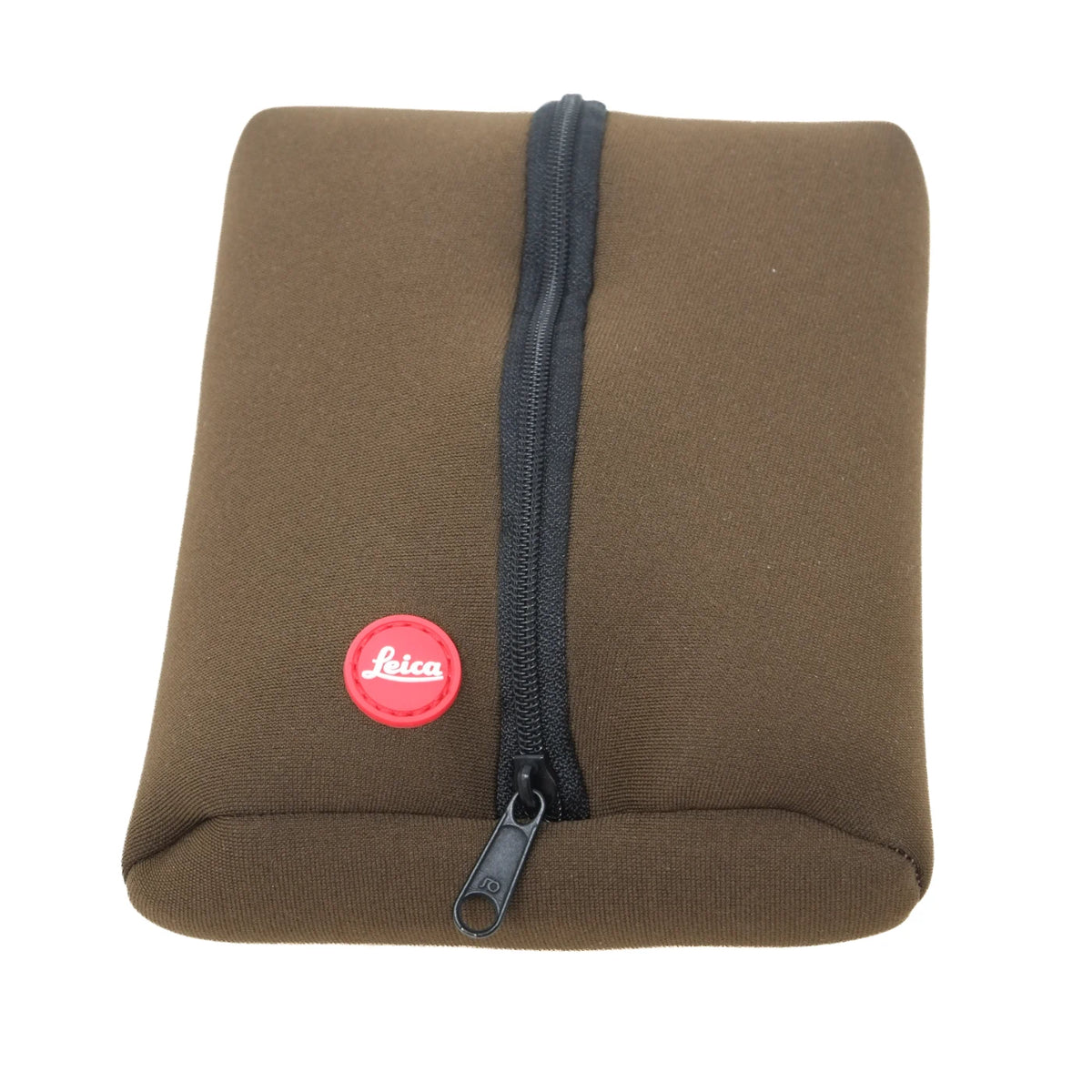 A brown neoprene binocular pouch with a black zipper and a red circular Leica logo patch on the front, set against a plain white background.