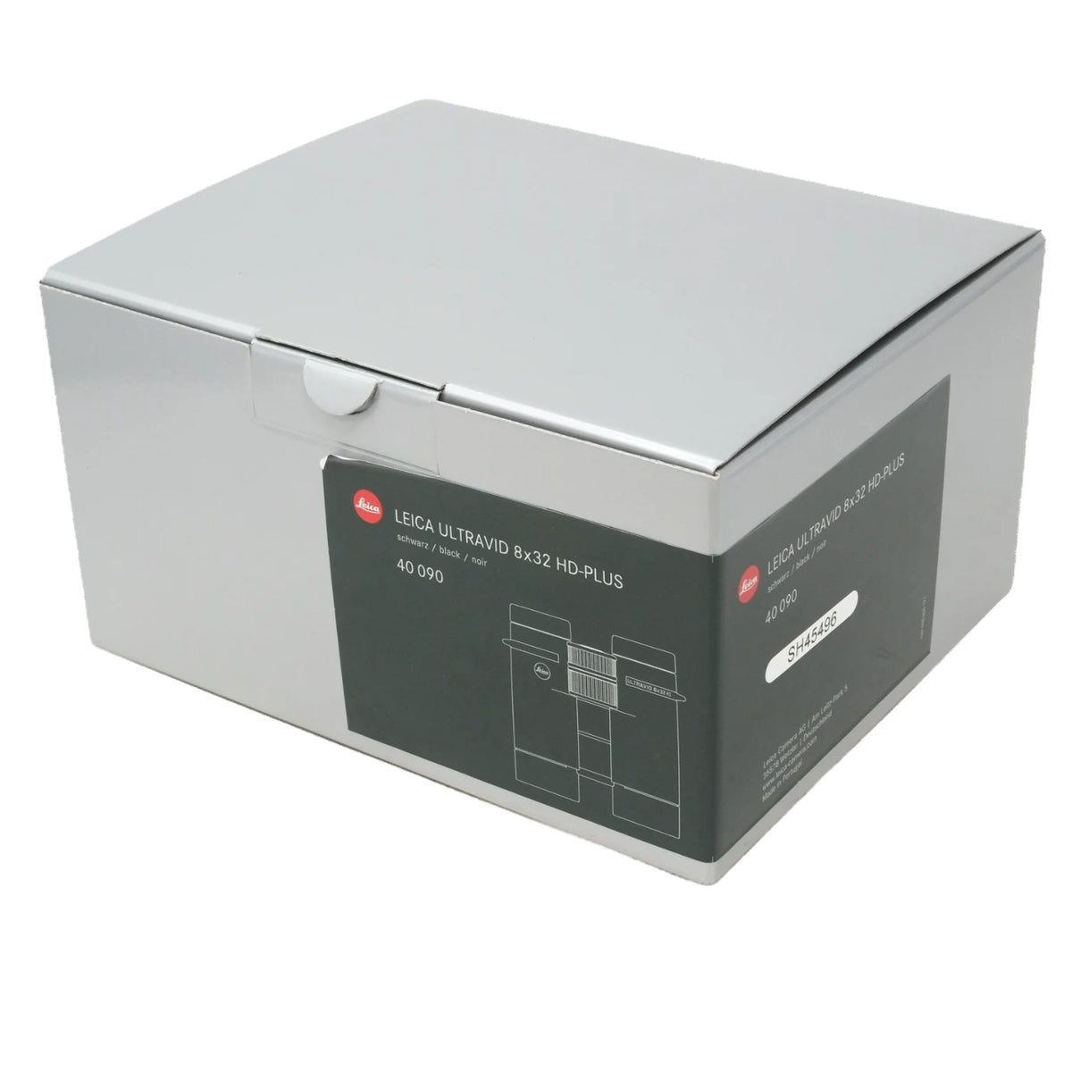 Leica UltraVoid 8x32 HD-Plus storage box in silver with a black label panel on the front, photographed on a white background.