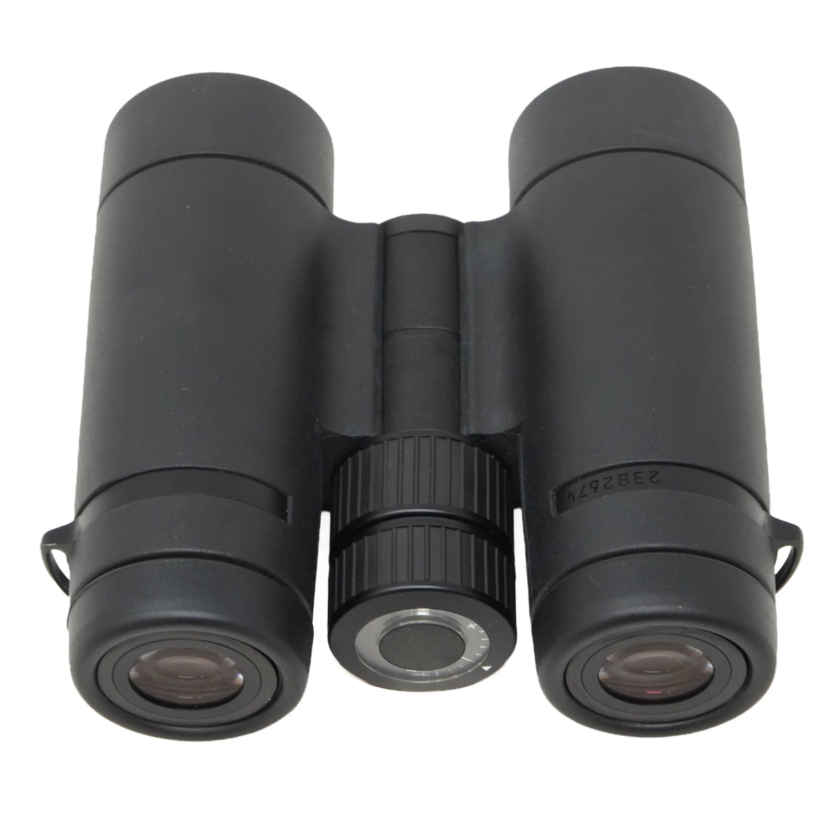 Black binoculars photographed from underneath on a plain white background.