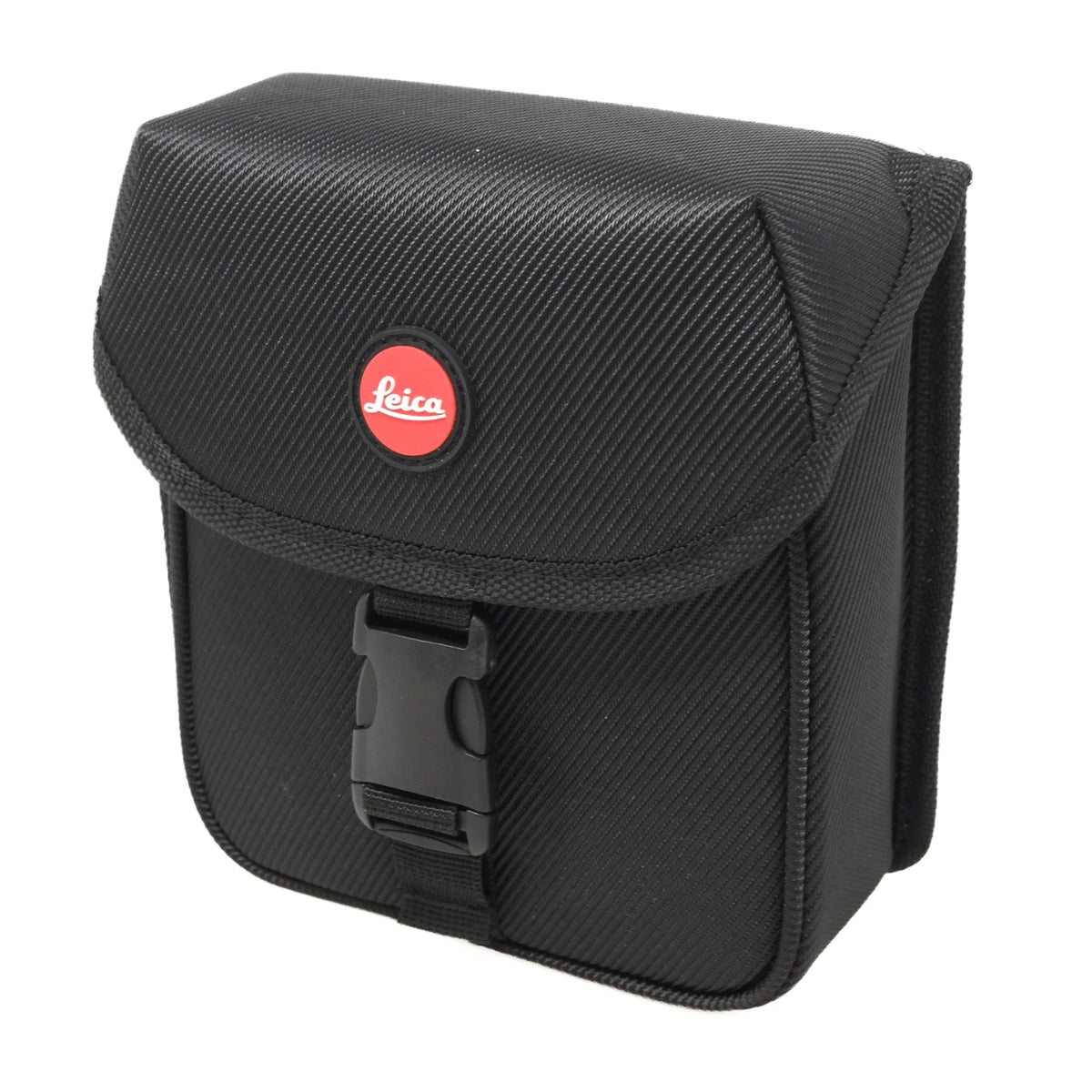 A black Leica camera pouch with a textured fabric exterior, a red circular Leica logo on the front flap, and a black plastic quick-release buckle, shown on a plain white background.