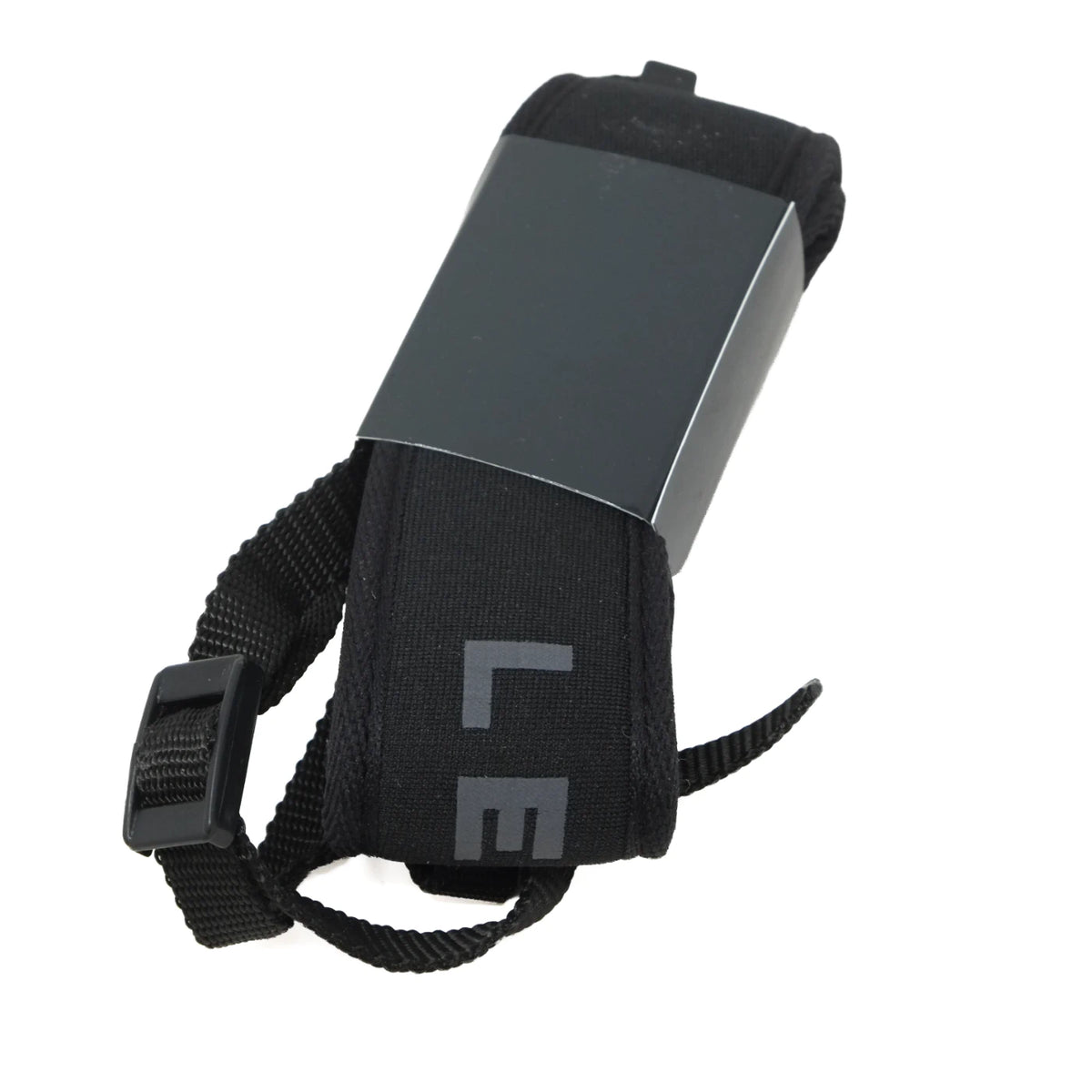 A black fabric strap or wristlet with a rectangular black metal plate and a black plastic buckle, shown on a plain white background.