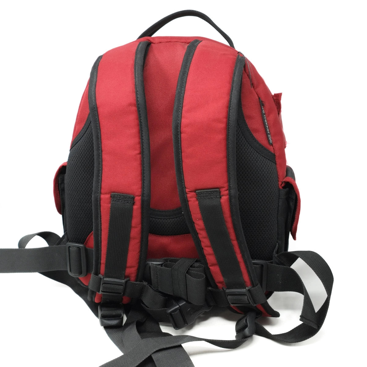 Red and black backpack on a white background