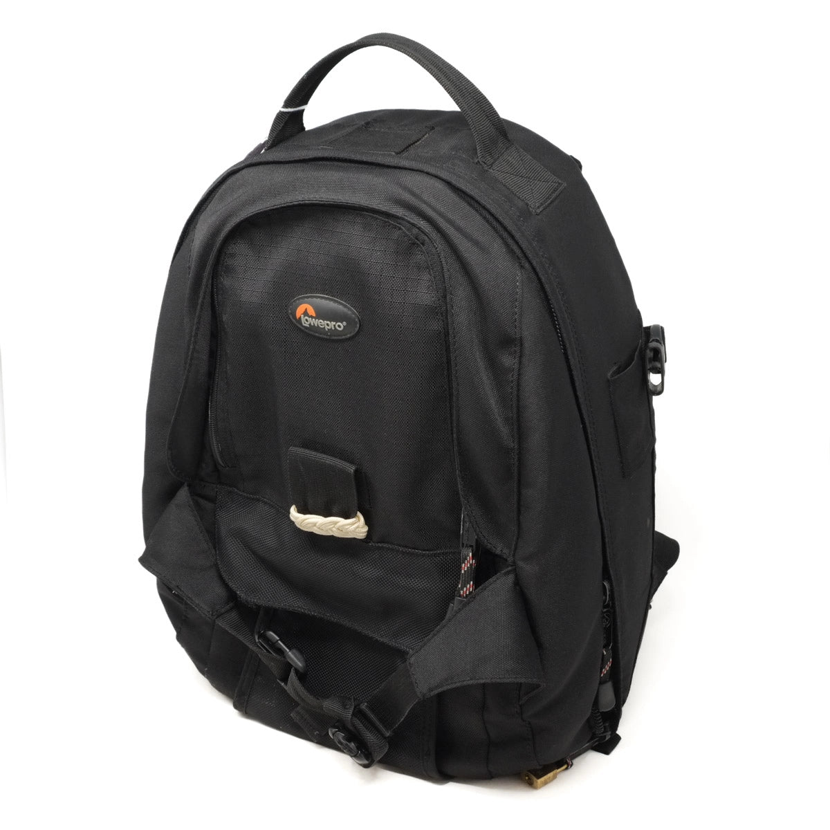 Black backpack with a visible brand logo on a white background
